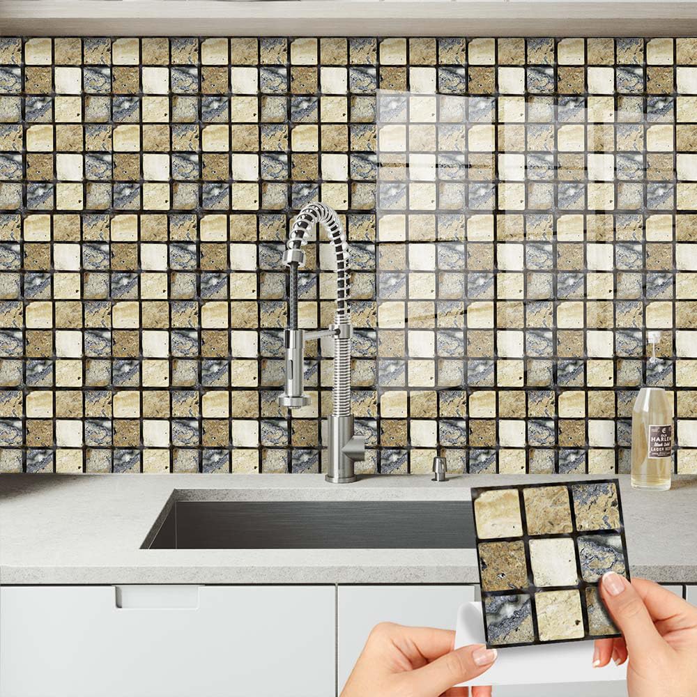 Exquisite Self Adhesive Wall Tiles Stone Style Mosaic Square Tile Stickers Stick On Wall,Waterproof Oil-Proof Art,for Kitchen Bathroom Stairs,Fireplace 15X15Cm
