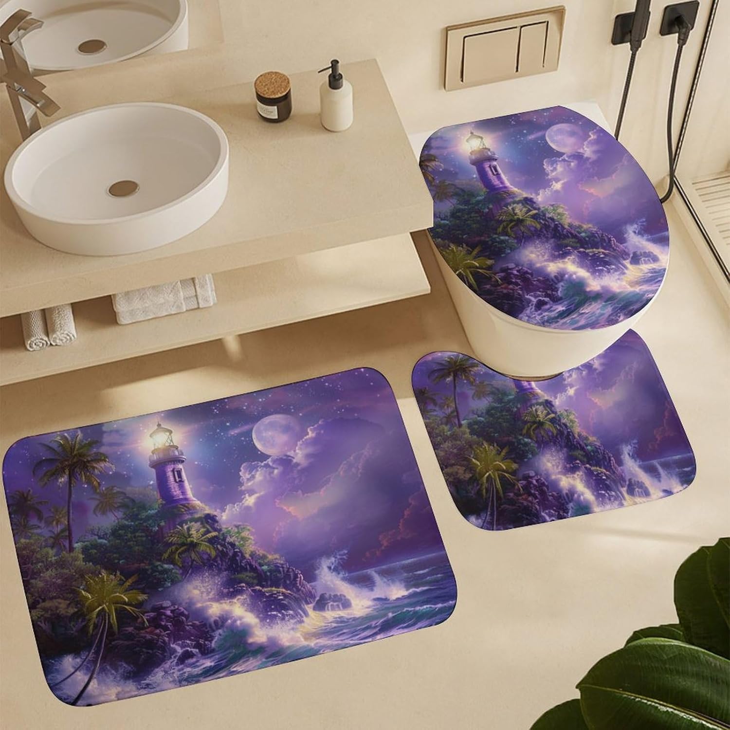 4Pcs Mystical Galaxy Lighthouse Shower Curtain Sets, Bathroom Decor Set with Rugs, Bath Mat Fantasy Starry Sky Ocean Wave Shower Curtain, 72 X 72 Inch