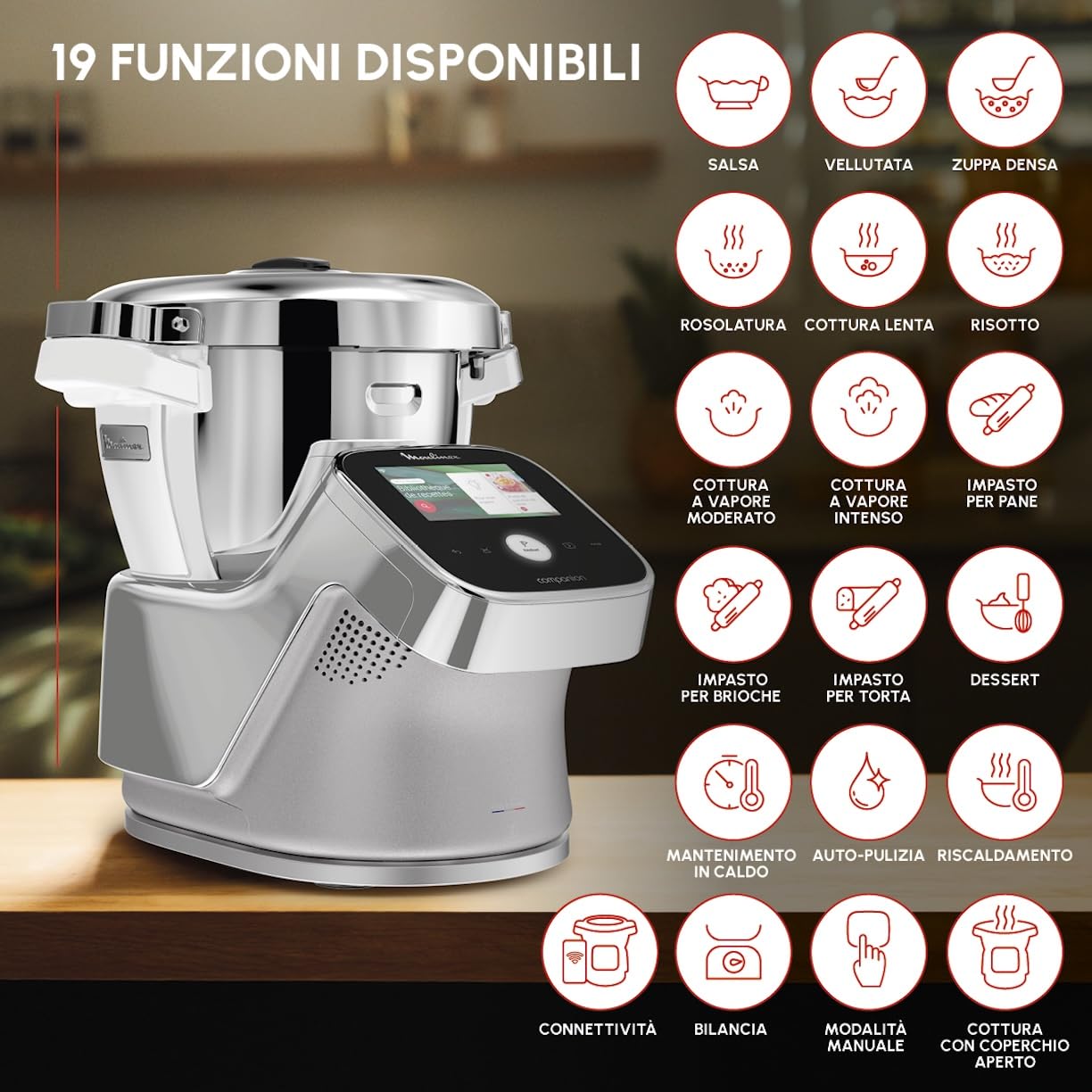 Moulinex i-Companion Touch Pro, Robot Da Cucina Multifunzione con Bilancia Integrata, 19 Modalità di Preparazione e Cottura, Capacità Utile 3L, Connettività WiFi/Bluetooth e Schermo Touch, HF93CC