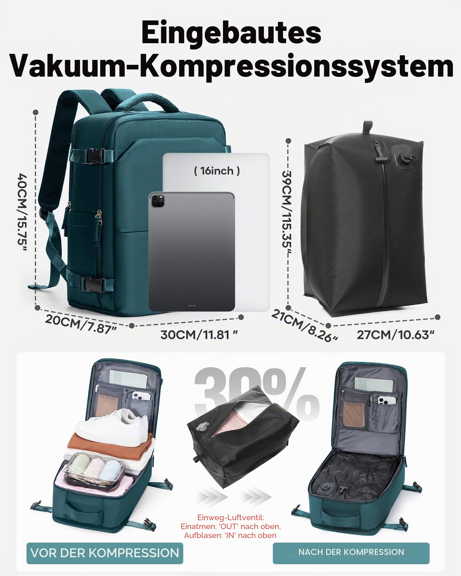 Groß Reiserucksack Vakuum Rucksack Handgepäck Flugzeug 40x30x20 Ryanair Rucksack 40x20x25 Herren Damen Mit Laptopfach/Schuhfach Travel Backpack Carry Ons Luggage Mit Vakuumsystem