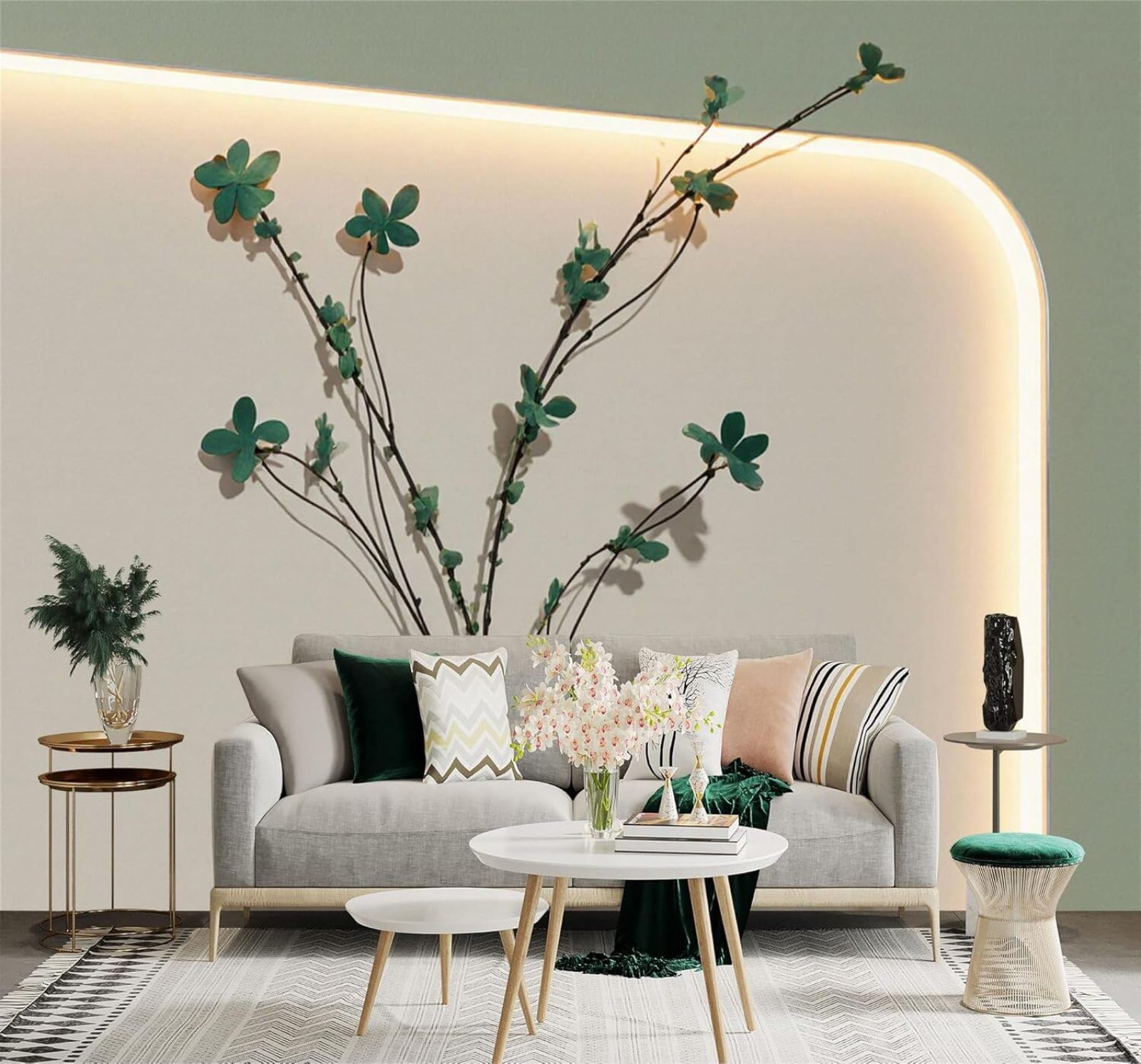 XLMING Minimalist Green Flowers Branches Vase Soft Lighting 3D Wallpaper Silky Texture Home Study Office Grey Dining Room Sofa Bedroom Living Room TV Backdrop-430cm×300cm