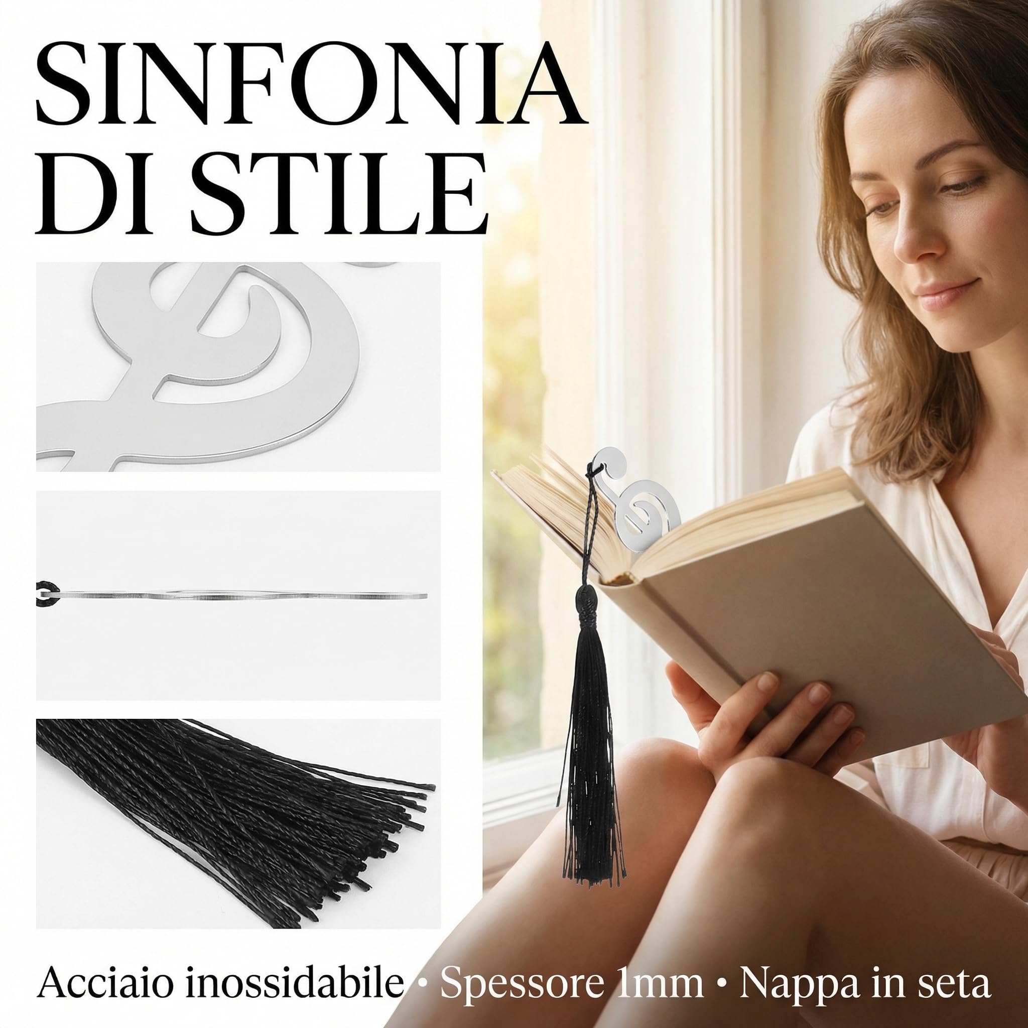 Amosfun Segnalibri Musicali in Acciaio Inox Con Nappa Nera Set Di 10 Segnalibri Di Laurea in Metallo Argento Per Lettori Studenti E Appassionati Di Musica