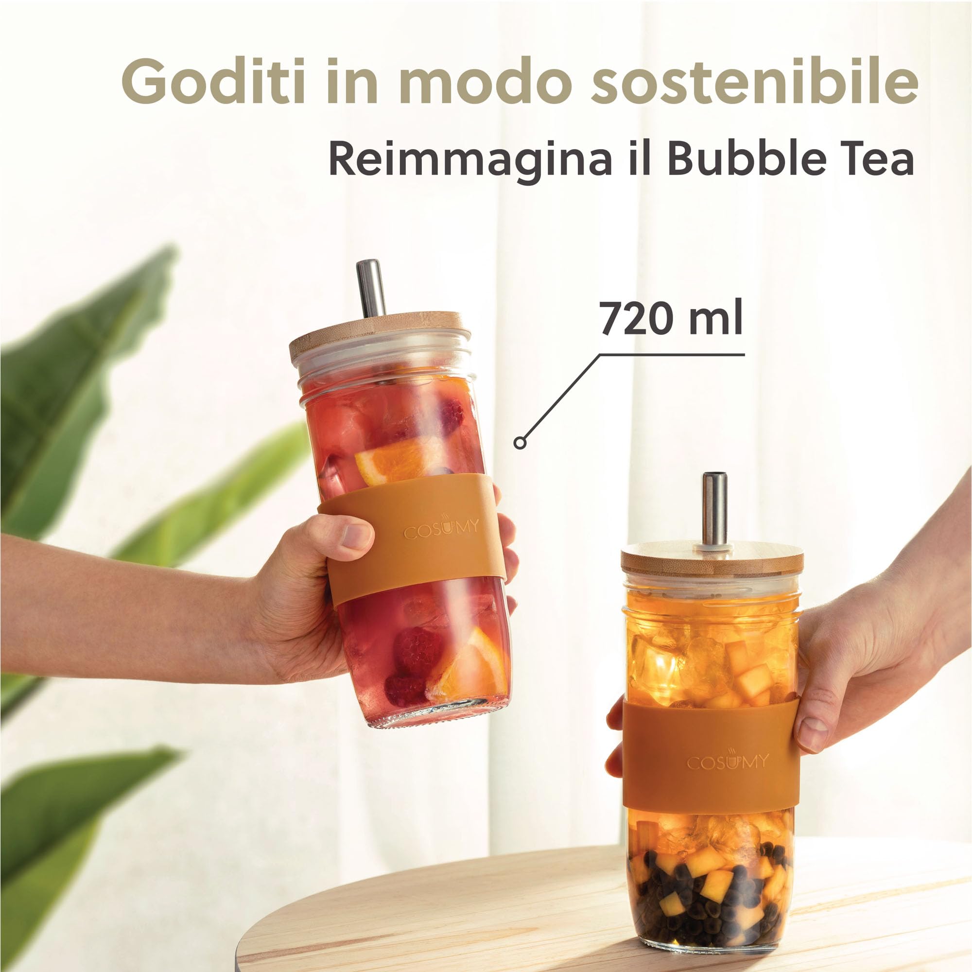 Bicchieri In Vetro Con Cannuccia E Coperchio In Bambù | Set Da 2 X 720 Ml | Per Bubble Tea, Birra, Cocktail | Lavabili In Lavastoviglie - Foto 14