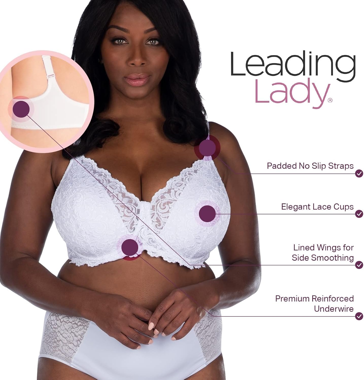 Leading Lady, Ava, Underwire Bra, Lace Design, All Day Support, Padded Adjustable Straps, Lightly Padded Cups, 34A-48DD