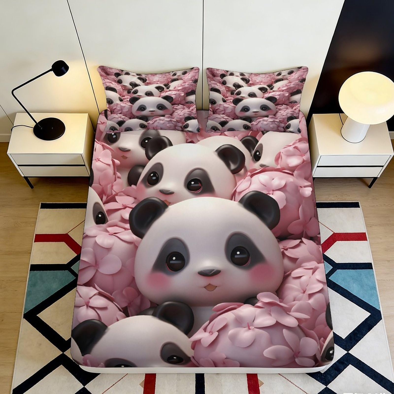 3D Printed Cute Panda Fitted Sheet Microfiber Pink Floral Bed Cover Anti-Slip Machine Washable Bedroom Dorm Decor 120x200x25cm