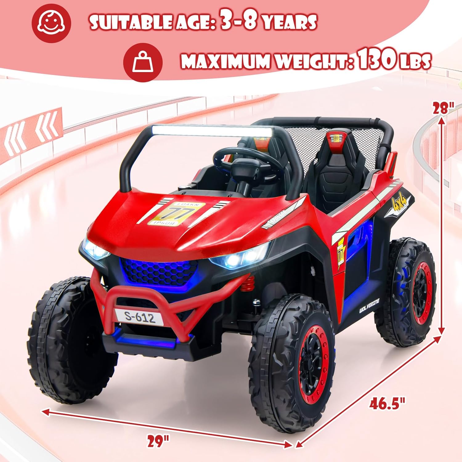 OLAKIDS 2 Seater Ride on Car for Kids, 12V UTV Kids' Electric Vehicles with Remote Control, Spring Suspension, Soft Start, Music Bluetooth FM, Battery Powered for Ages 3-8 (Red)