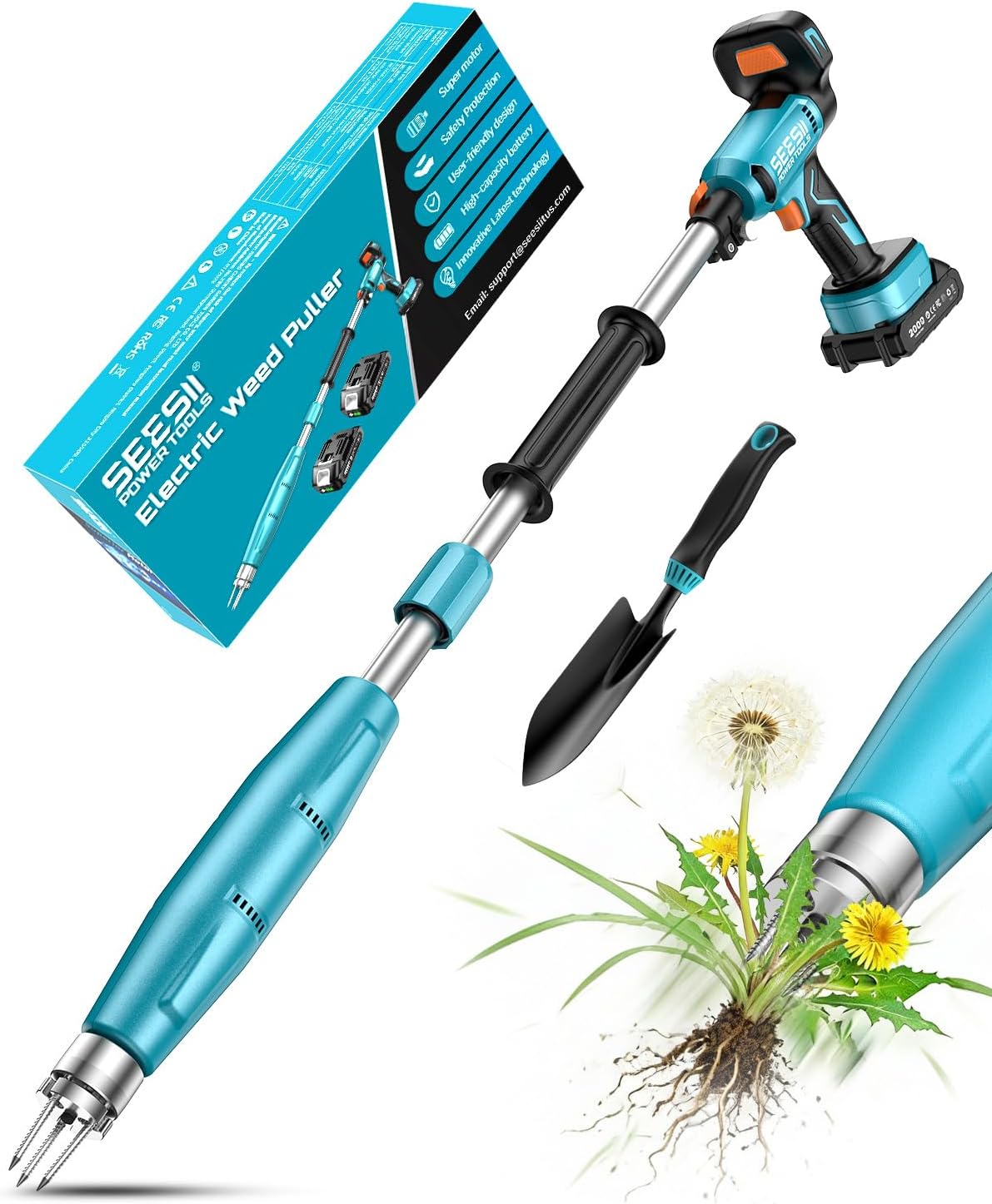 SEESII Stand-Up Weed Puller Tool with 40"-47" Adjustable Handle, High-Power 3-Claw Stainless Steel Spiral, 4S Deep Root Removal, One-Button Eject, Dandelion Remover & Crabgrass Puller for Garden