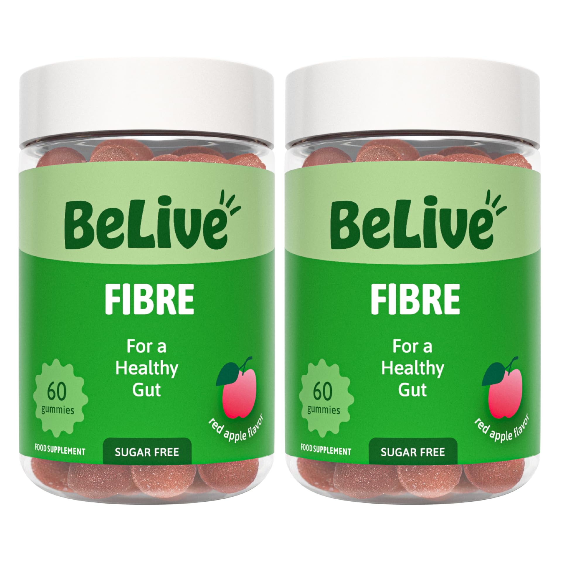 BeLive Fiber Gummies - Prebiotic Fiber Supplement with Chicory Root & Inulin for Digestive Support & Overall Gut Health I Vegan, Sugar Free Gummies for Adults & Children - Apple Flavor | 2-Pack