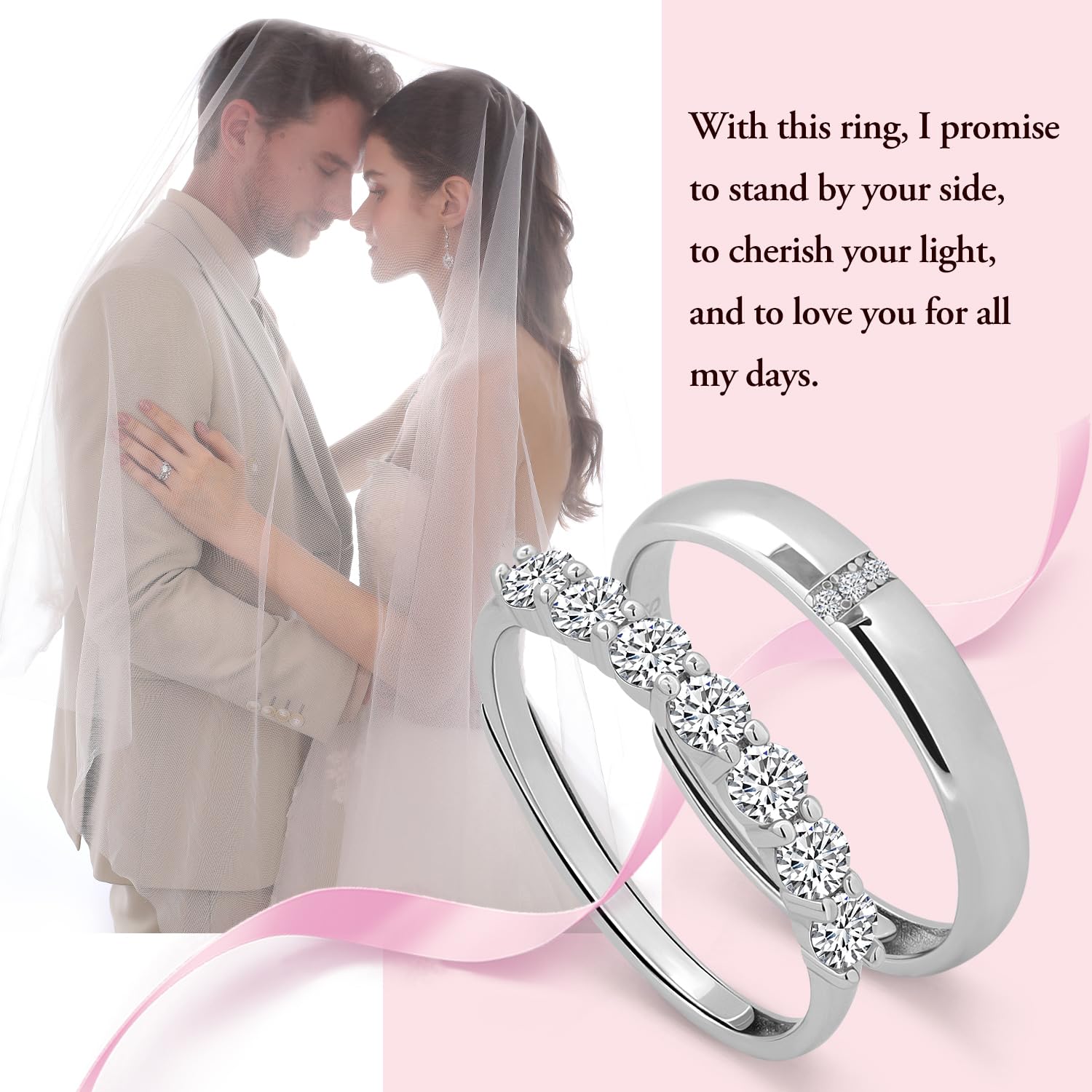 Meissa Anillos de Pareja en Plata Esterlina Anillos de Boda Elegantes Anillo de Promesa para Hombre y Mujer Zirconia Cúbica Tamaño Ajustable