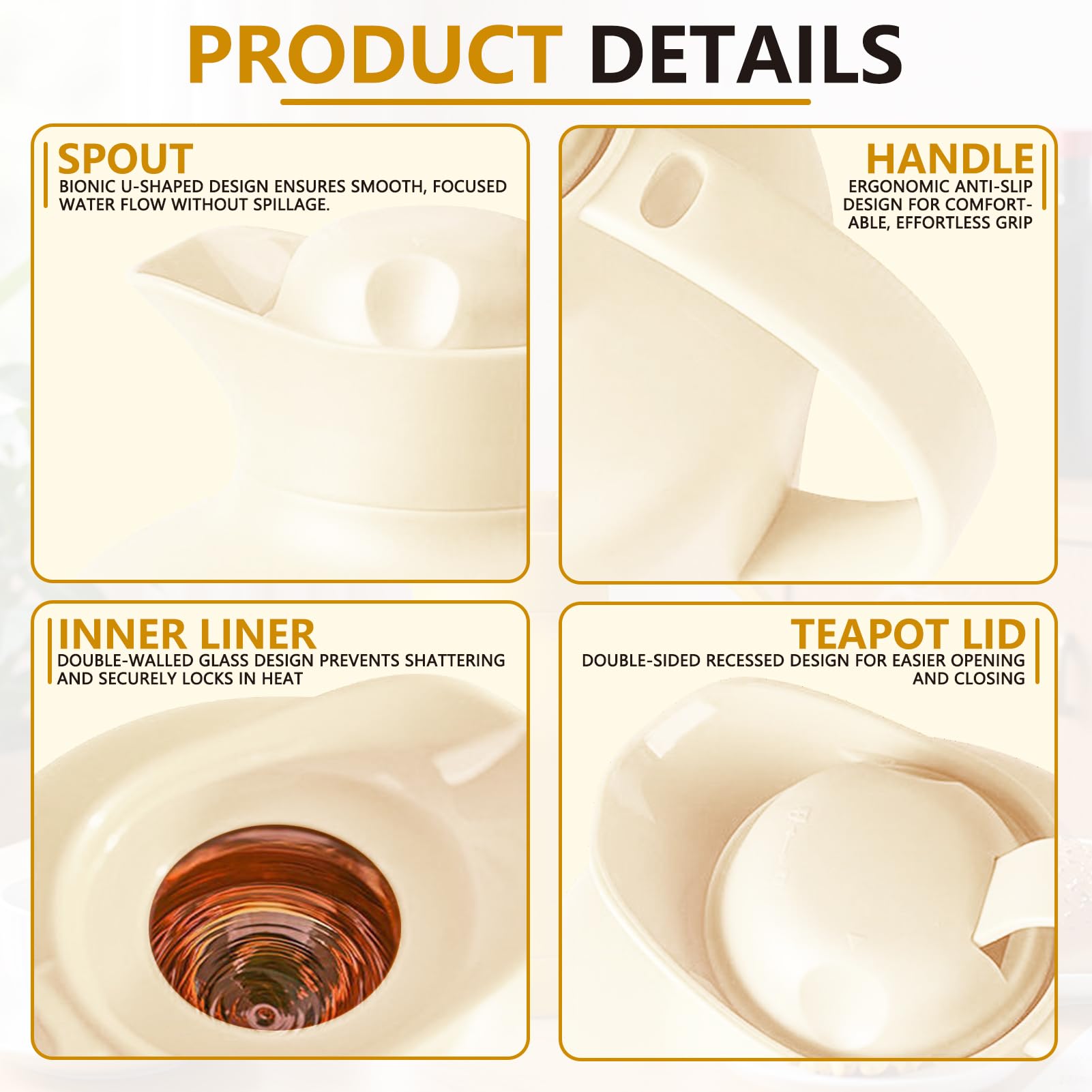 Thermoskanne Kaffeekannen Vakuum Isolations, Thermosflasche Für Heißen Und Kalten Teekaffee, Mit Einfachem Sicherheitsdruckknopf Für Küche, Büro, Hotel (Beige,1.1L)