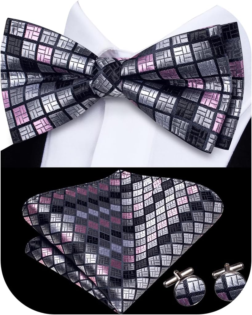 Hi-Tie Bow Ties for Men Pre-Tied Pocket Square with Cufflinks Mens Bowtie Sets for Wedding Formal Party