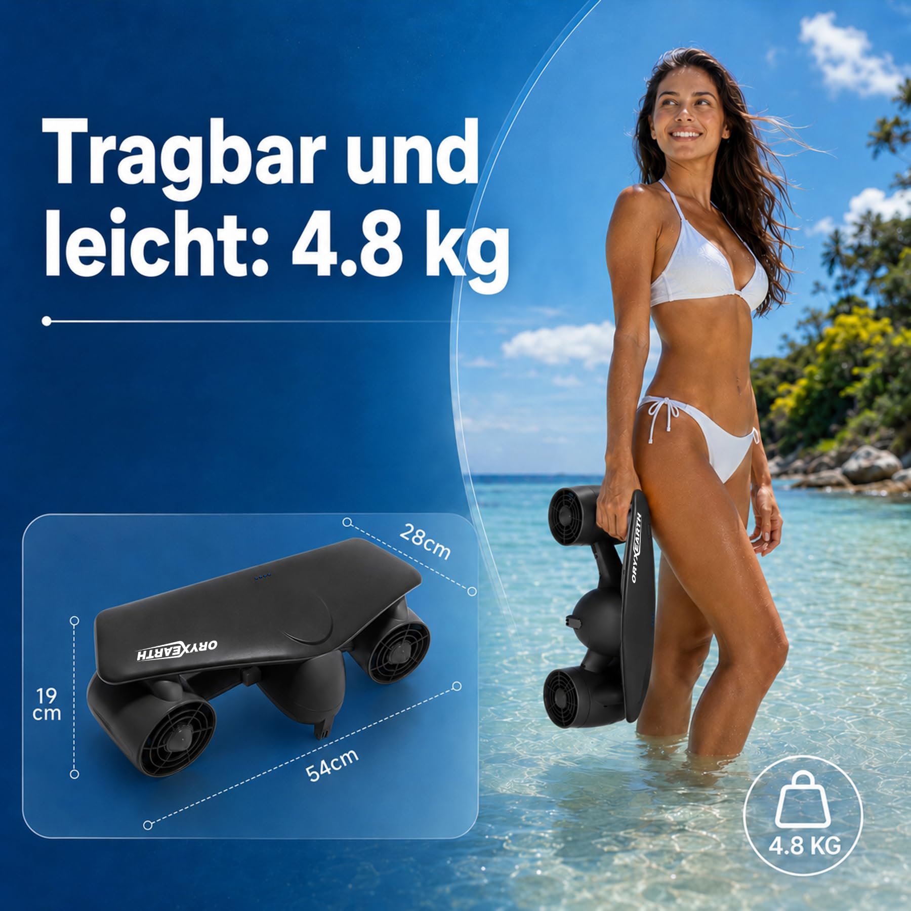 Oryxearth Doble Motor Scooter Submarino, 50 m, profundidad, 2 velocidades ajustables, soporte para cámara de acción, alerta de batería baja, scooter marino impermeable con seguridad infantil para