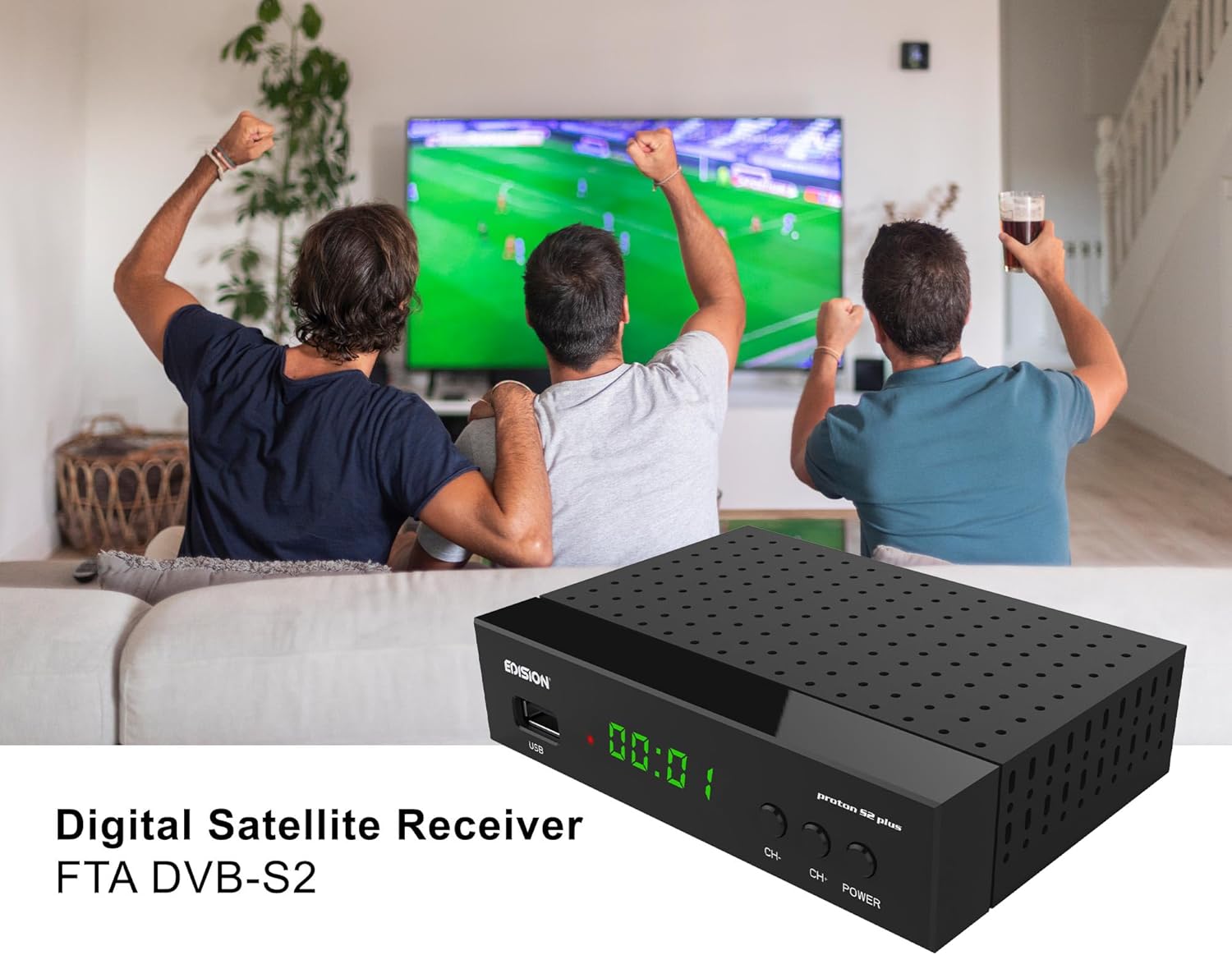 EDISION Proton S2 Plus Satellite Receiver in a living room setting with people watching TV.