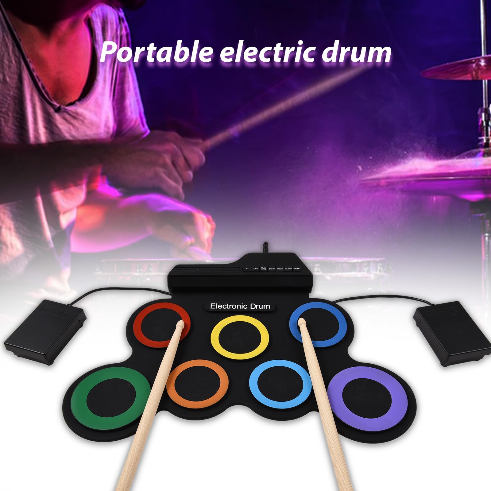 Set di batteria elettrica Kit di pad per batteria portatile 7 pad con jack per cuffie Pedali Bacchette Regalo di compleanno per le vacanze Strumenti musicali Pad per esercitazione Kit di batter