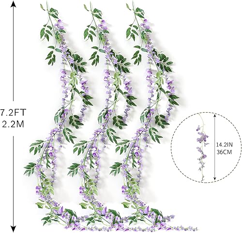Miniatura 6 de JUSTOYOU 3 piezas de guirnalda de vid de glicina artificial de 7 pies, guirnaldas de flores falsas de glicina para decoración de interiores
