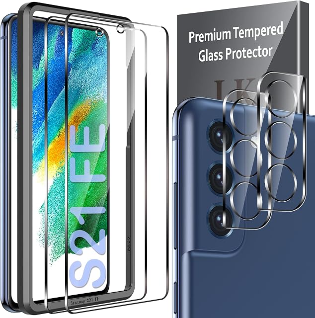 LK Screen Protector Compatible with Samsung Galaxy S21 FE 5G, 2pcs Screen Protector & 2pcs Camera Lens Protector, Easy Frame Installation, HD Ultra-Thin, Case Friendly, Scratchproof