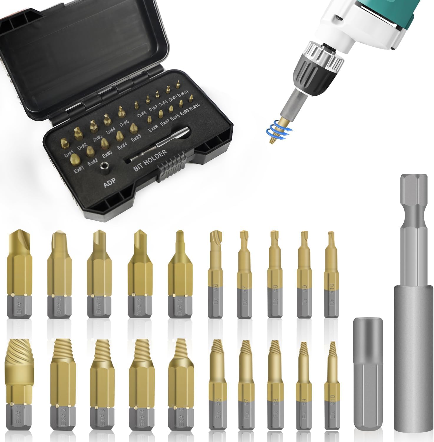 KASTWAVE Damaged Screw Extractor Set, 22 PCS High Speed Stripped Screw Removal Tool, With Magnetic Extension Bit Holder & Socket Adapter Tool for Rusty and Broken Nuts & Bolts