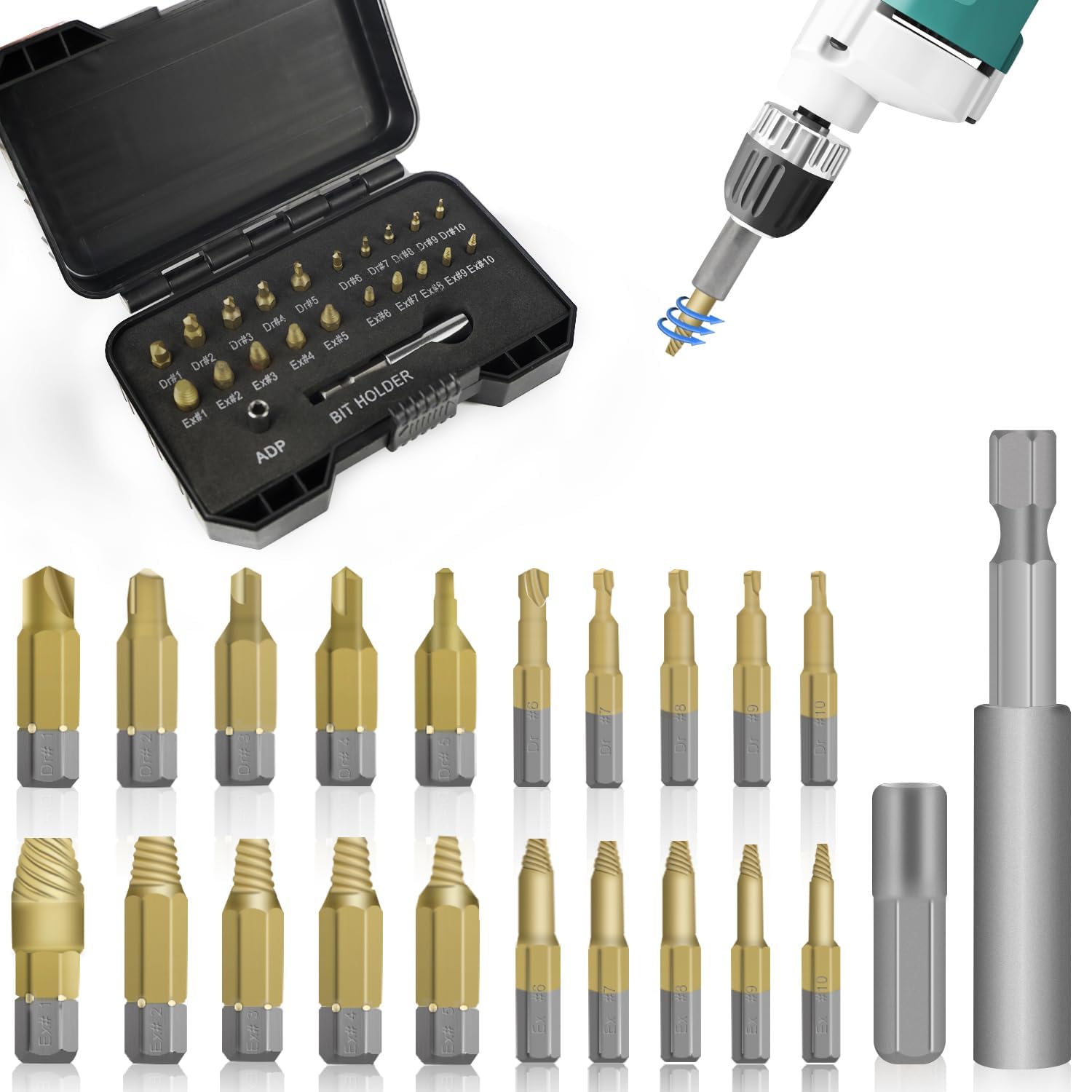 KASTWAVE Damaged Screw Extractor Set, 22 PCS High Speed Stripped Screw Removal Tool, With Magnetic Extension Bit Holder & Socket Adapter Tool for Rusty and Broken Nuts & Bolts
