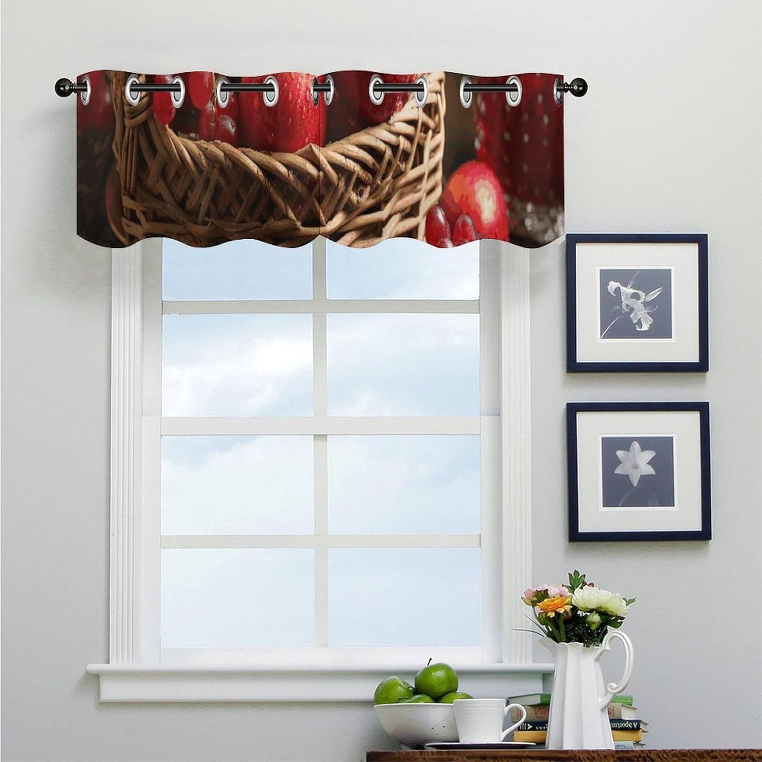 Red Fruit in A Basket Valances for Window 2 Panels. Light Filtering Curtains Farmhouse Short Small Valance.Modern Curtains for Windows Living Room Kitchen Over Sink.