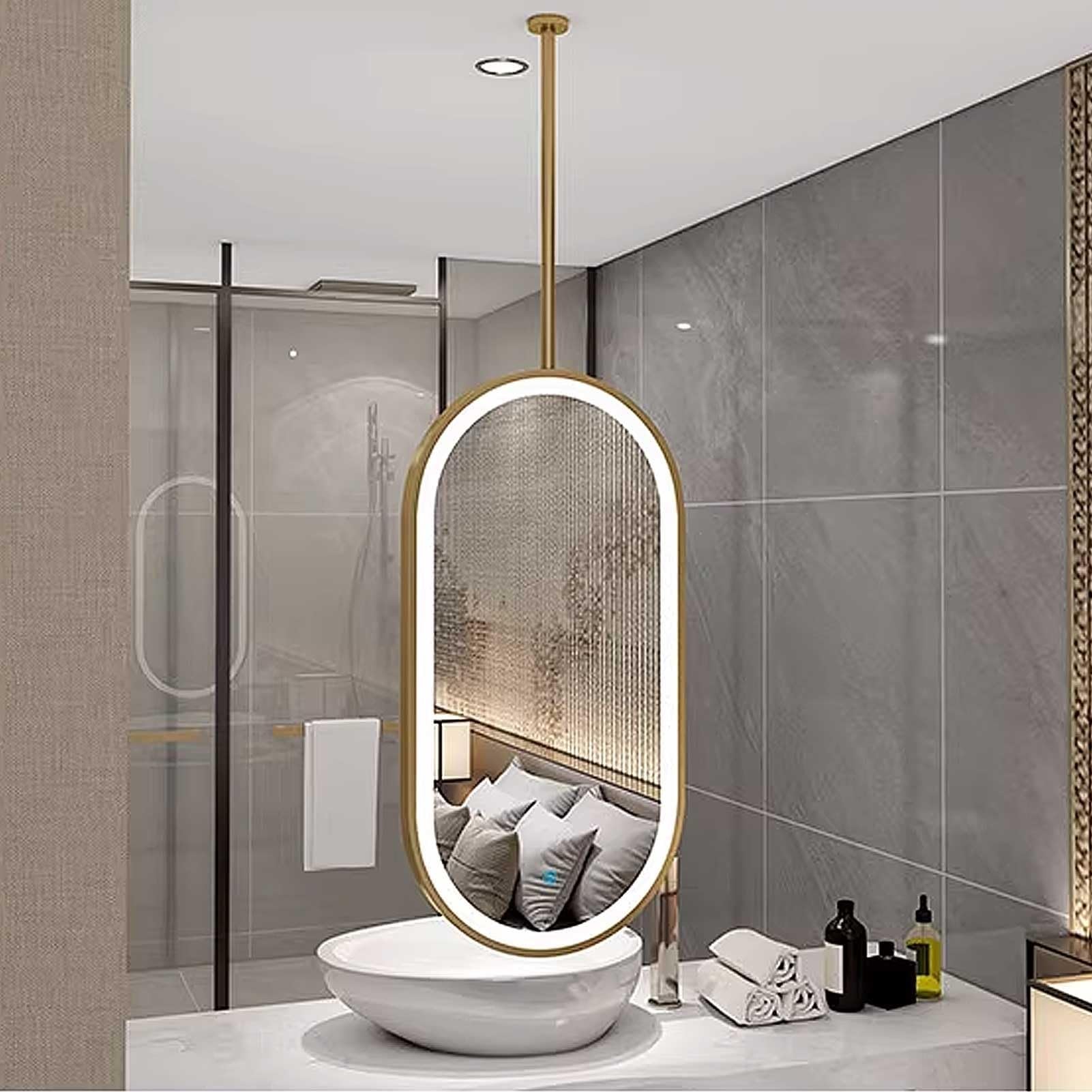 THEGA Oval Ceiling Mounted Mirrors With LED Lights, Gold Metal Framed Hanging Rod Mirror Bathroom Vanity Mirror For Over Sink, 3 Colors Stepless Dimmable(120L x 60W cm)