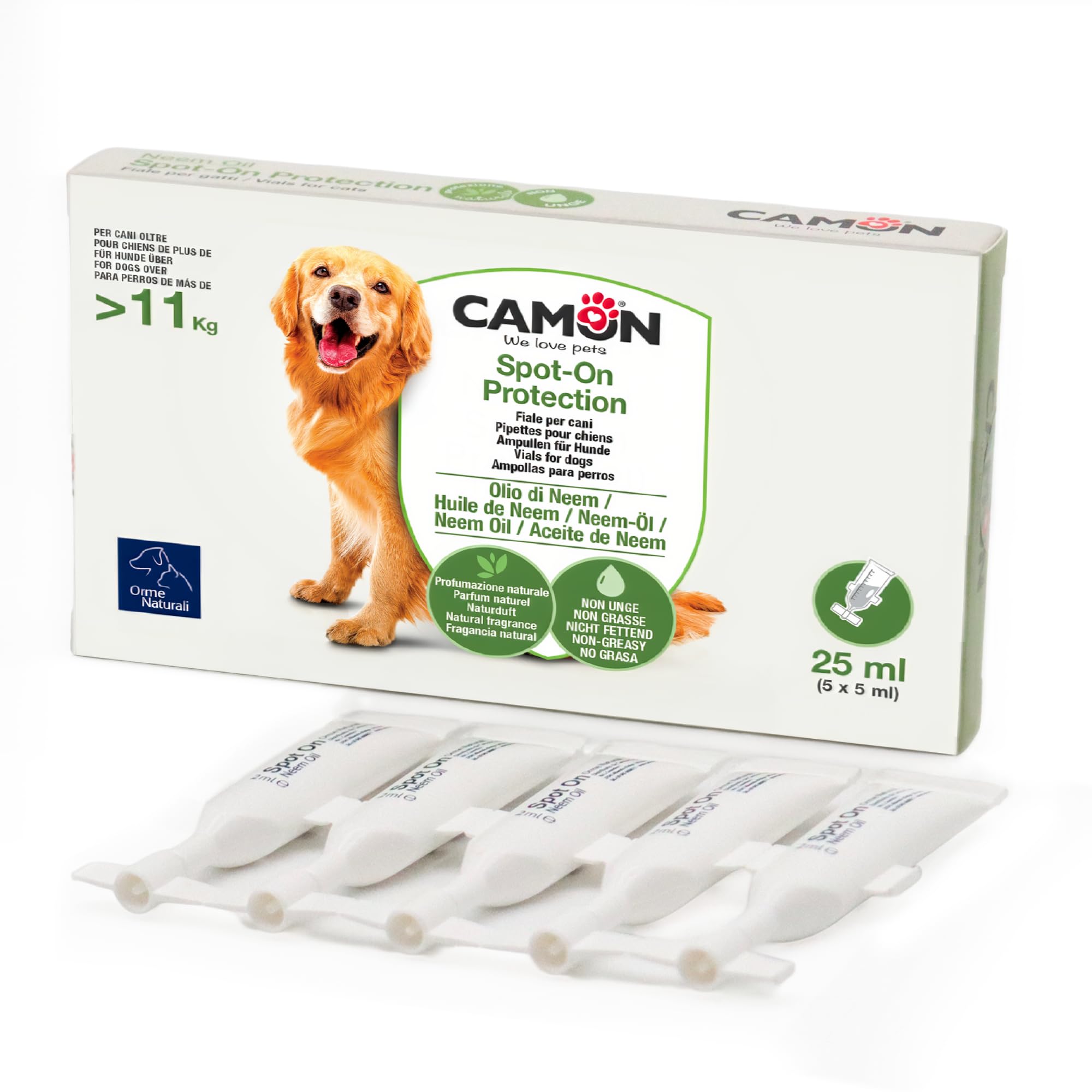 CAMON | Spot-On Protection Cane (>11kg), 5 Fiale da 5ml con Olio di Neem, Protezione Naturale per Cani