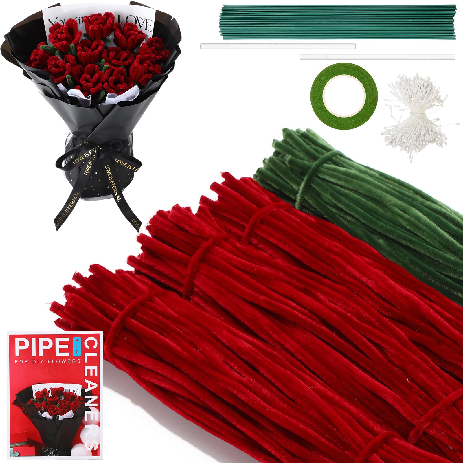 DaisyInner Rote Pfeifenreiniger, Bastelset für Blumen, Chenille-Stiele für Bastelarbeiten, Blumendrahte, Blumenstrauß, Festivals, Kunstprojekte, Heimdekorationen, 500 Stück