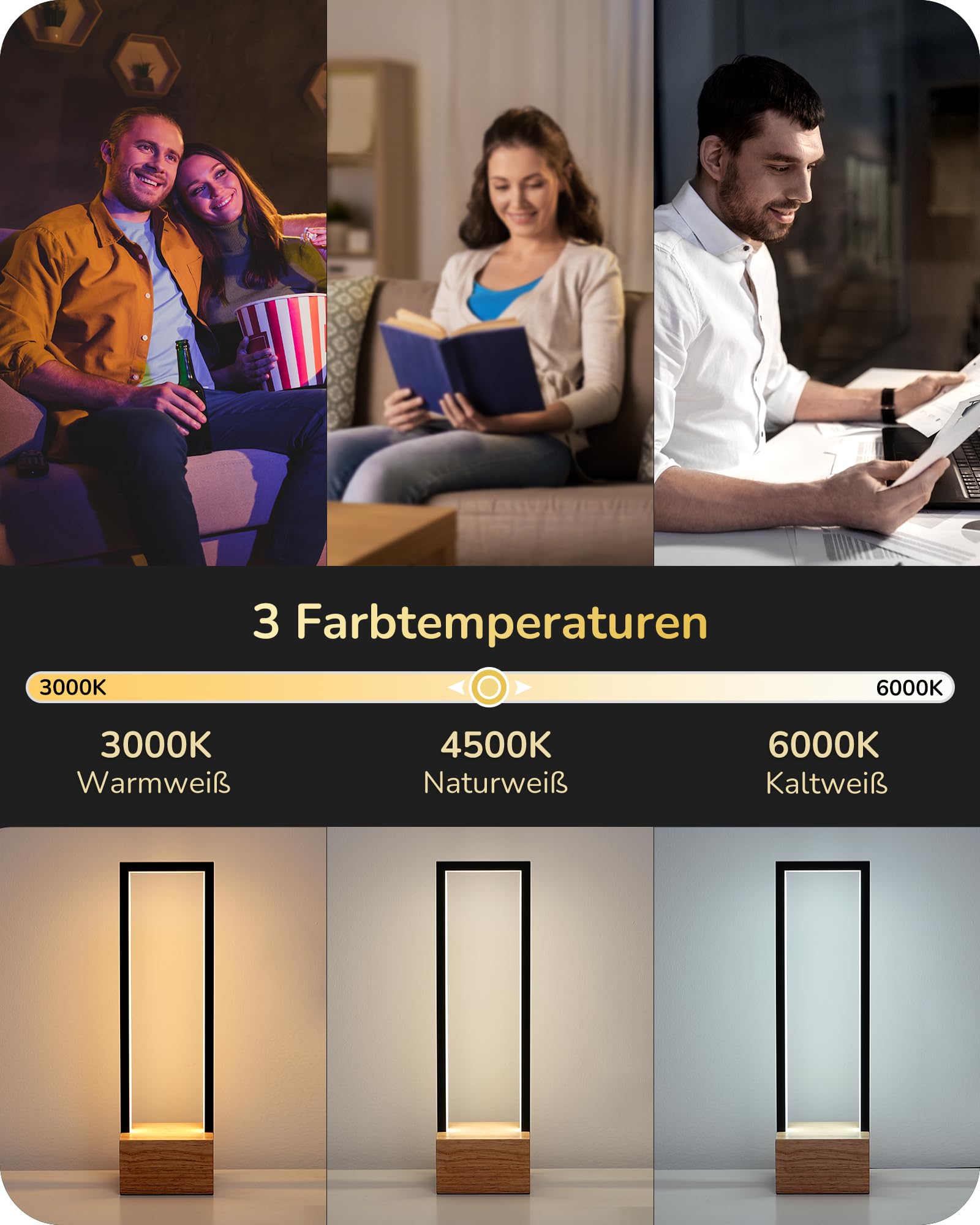 EDISHINE LED Tischlampe, Holzsockel, Touch-Dimmer, 3 Farbtemperaturen | 10 W Nachttischlampe mit Metallrahmen, Touch-Dimmer, 350 Lumen für Schlafzimmer, Wohnzimmer, 35 cm