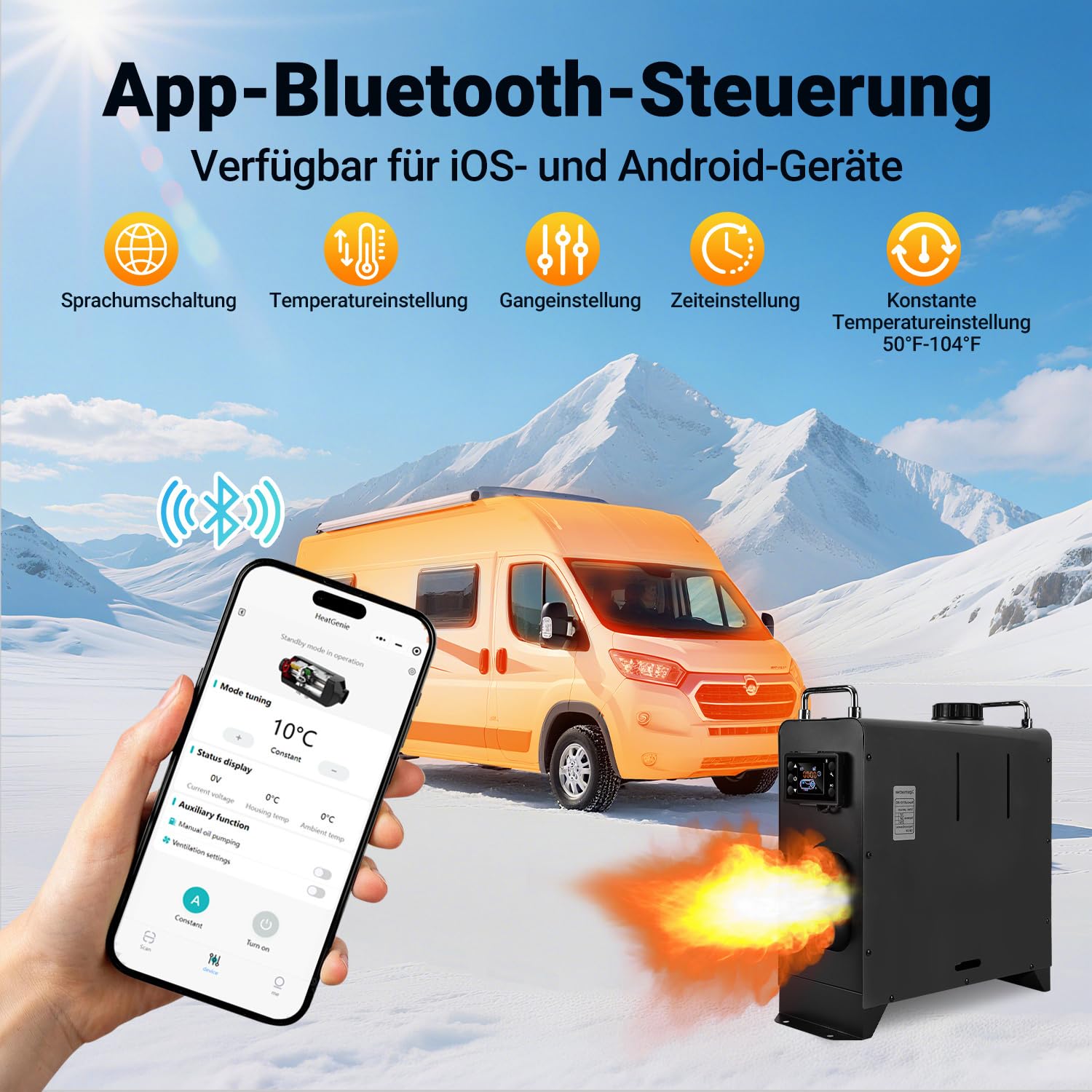 Sonnewelt Riscaldatore diesel ad aria da 12 V, 8 KW, con app Bluetooth, display LCD e telecomando, riscaldatore d'aria per camion, barca, camper, carrello da viaggio, nero