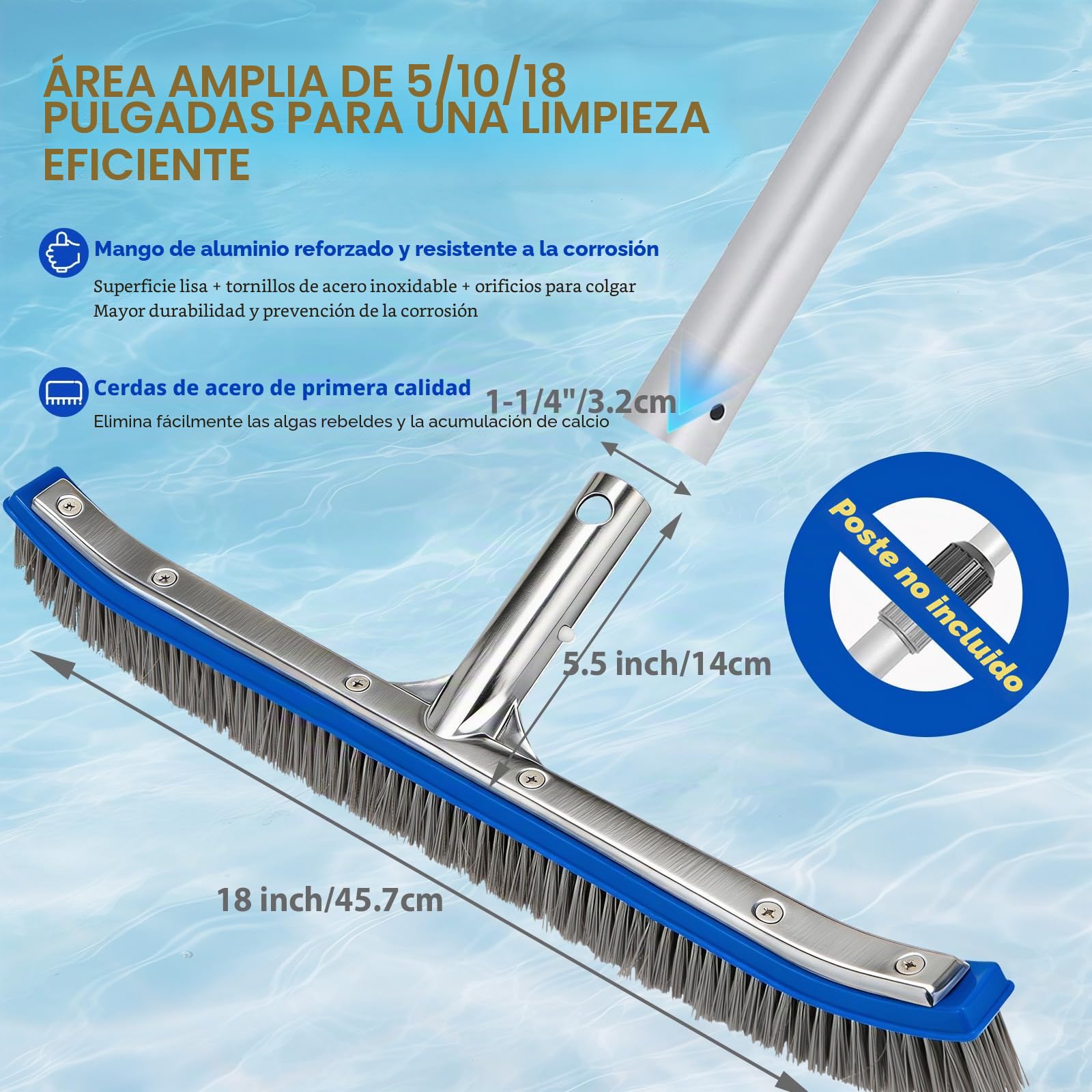 Cepillo Piscina 18 Pulgadas (45,7 cm) con cerdas de Acero y Nylon, Cepillo Limpieza Piscina con Base de Aluminio y Clip EZ para pértiga telescópica, Cepillo Resistente para Fondo y Paredes enterrada