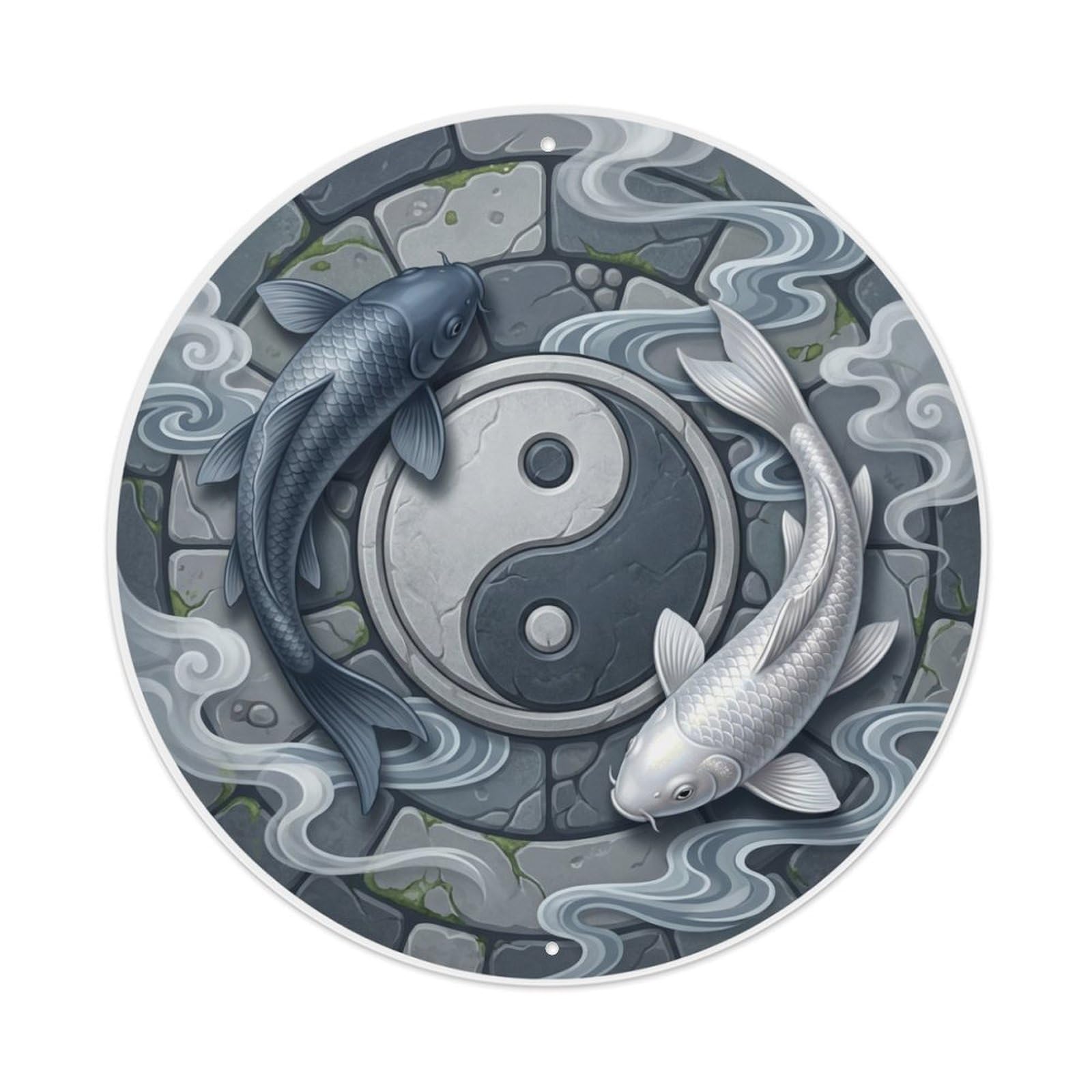 Metal Tin Sign Tai Chi Koi Fish Slate Blue Gray