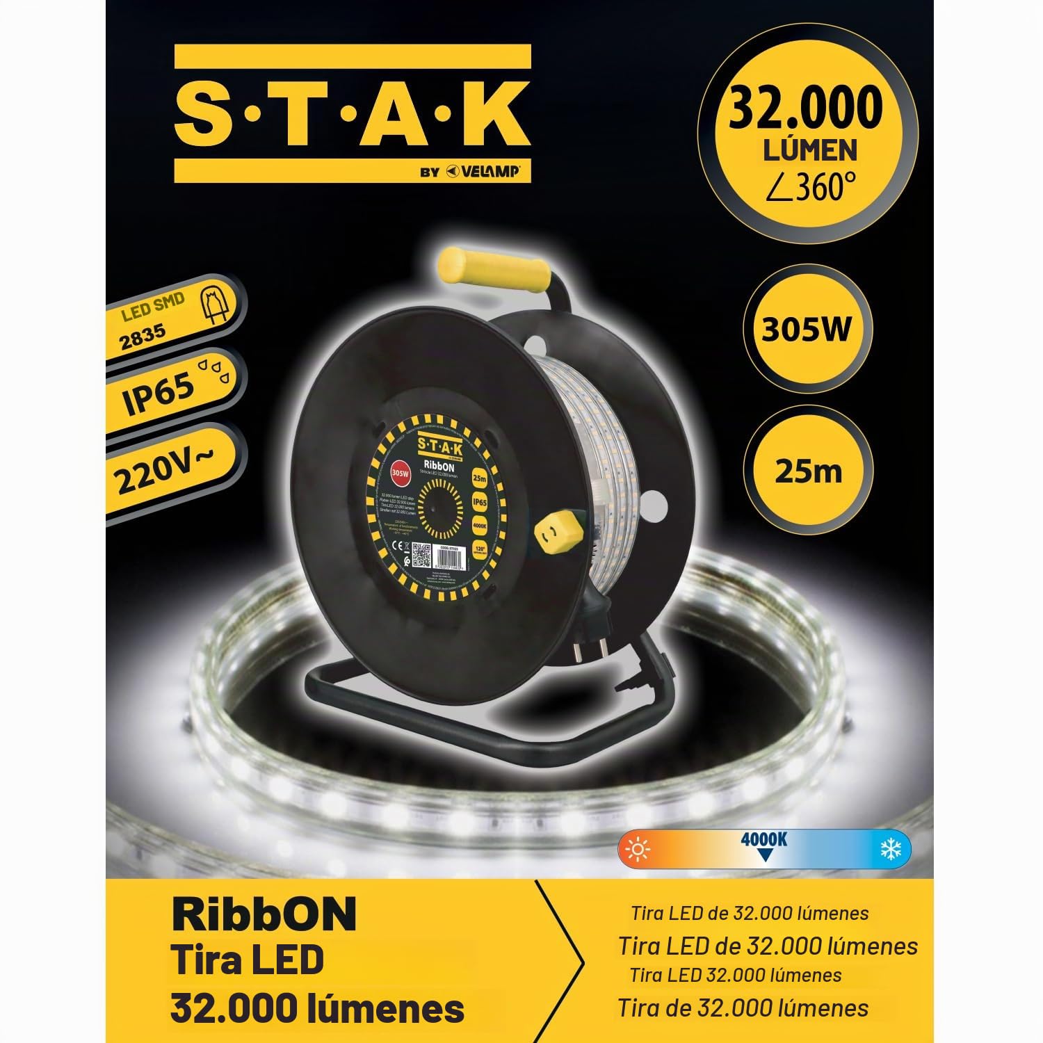 RibbON 25m: Tira LED IP65 32.000 lúmenes. Con enrollador, 25 metros.