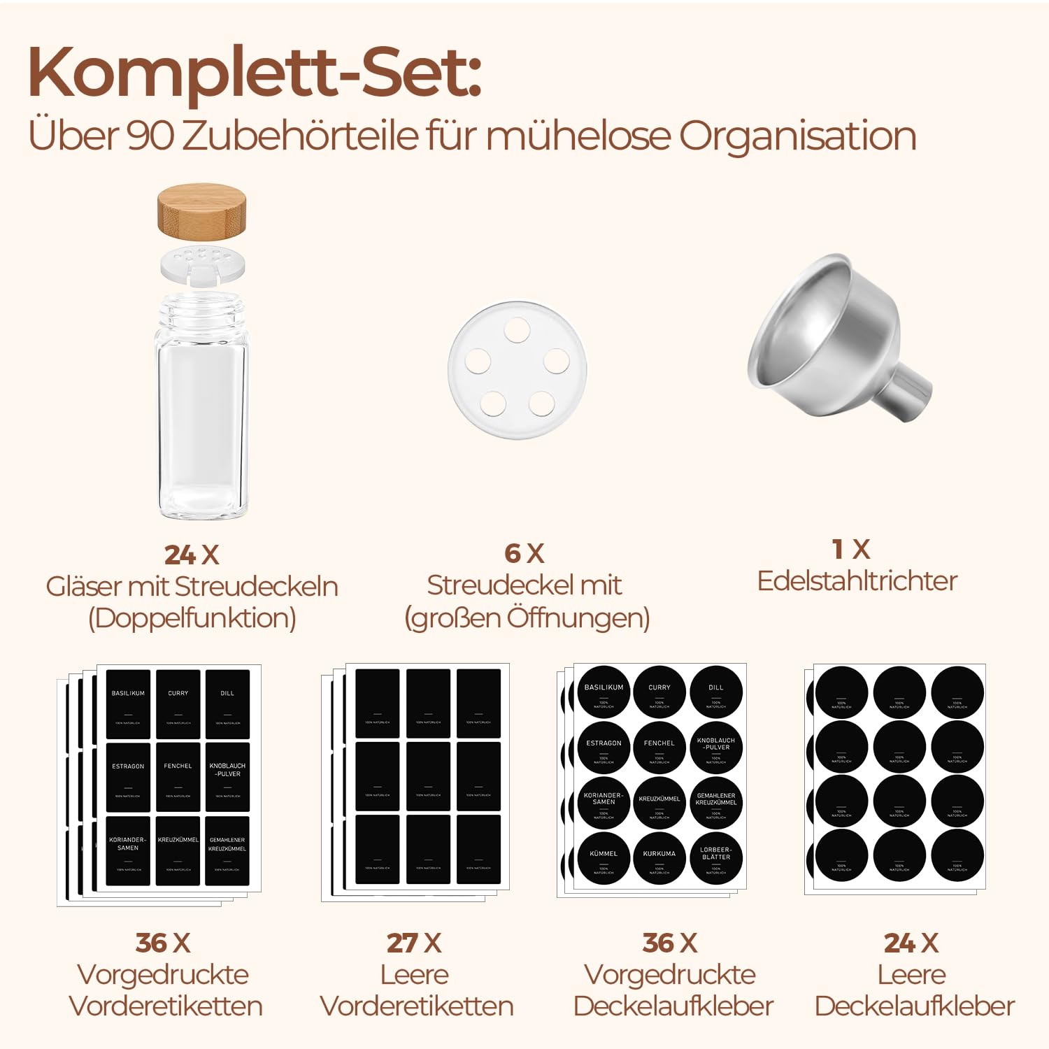 ComSaf barattoli spezie per cucina in vetro 120ml set da 24 con etichette leggibili, contenitori spezie per famiglie e appassionati di cucina, adatti a cassetti e mobili da cucina