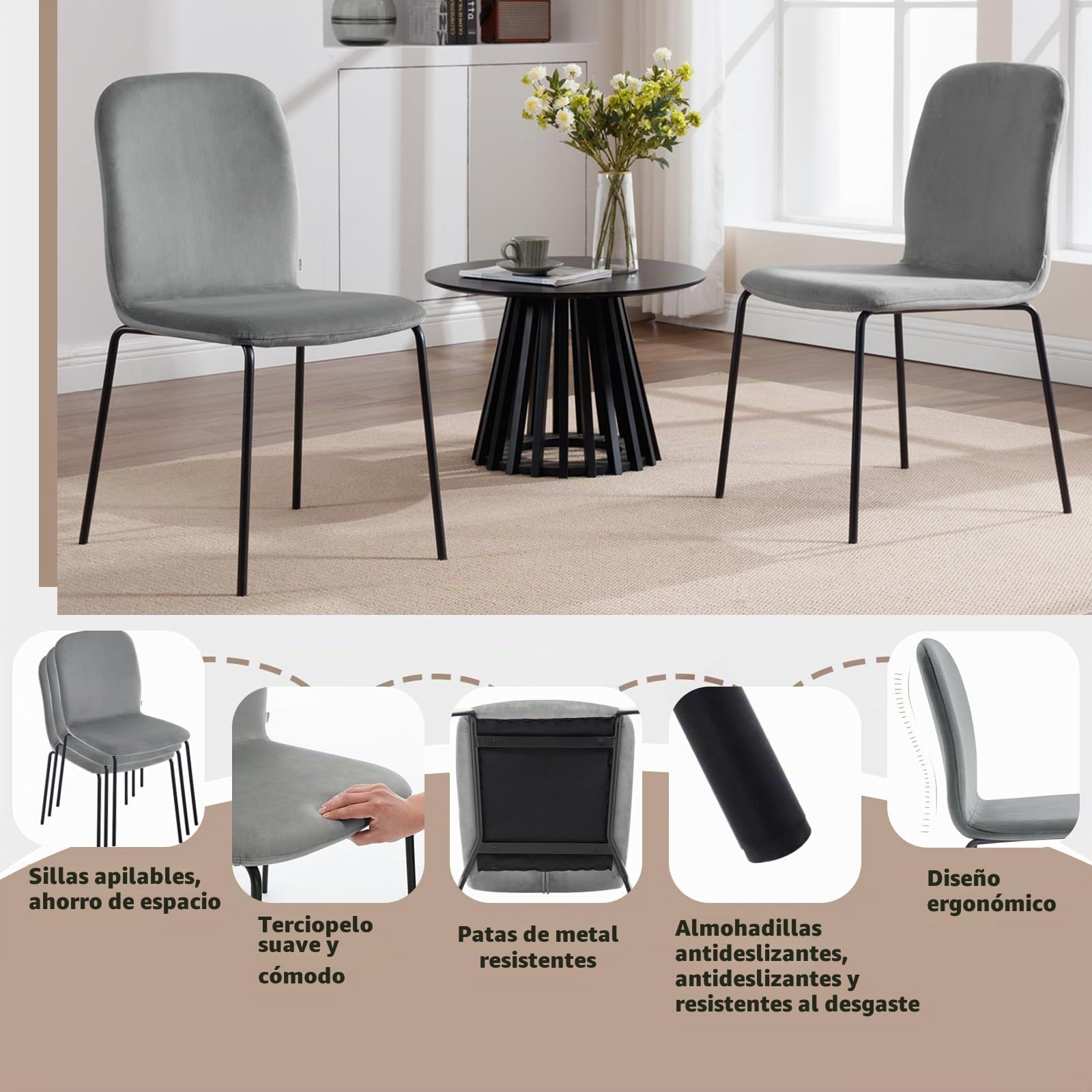 WOLTU Juego de 4 Sillas de Comedor, Terciopelo,Gris Oscuro | Salón y Dormitorio, Asiento Acolchado y Patas de Metal