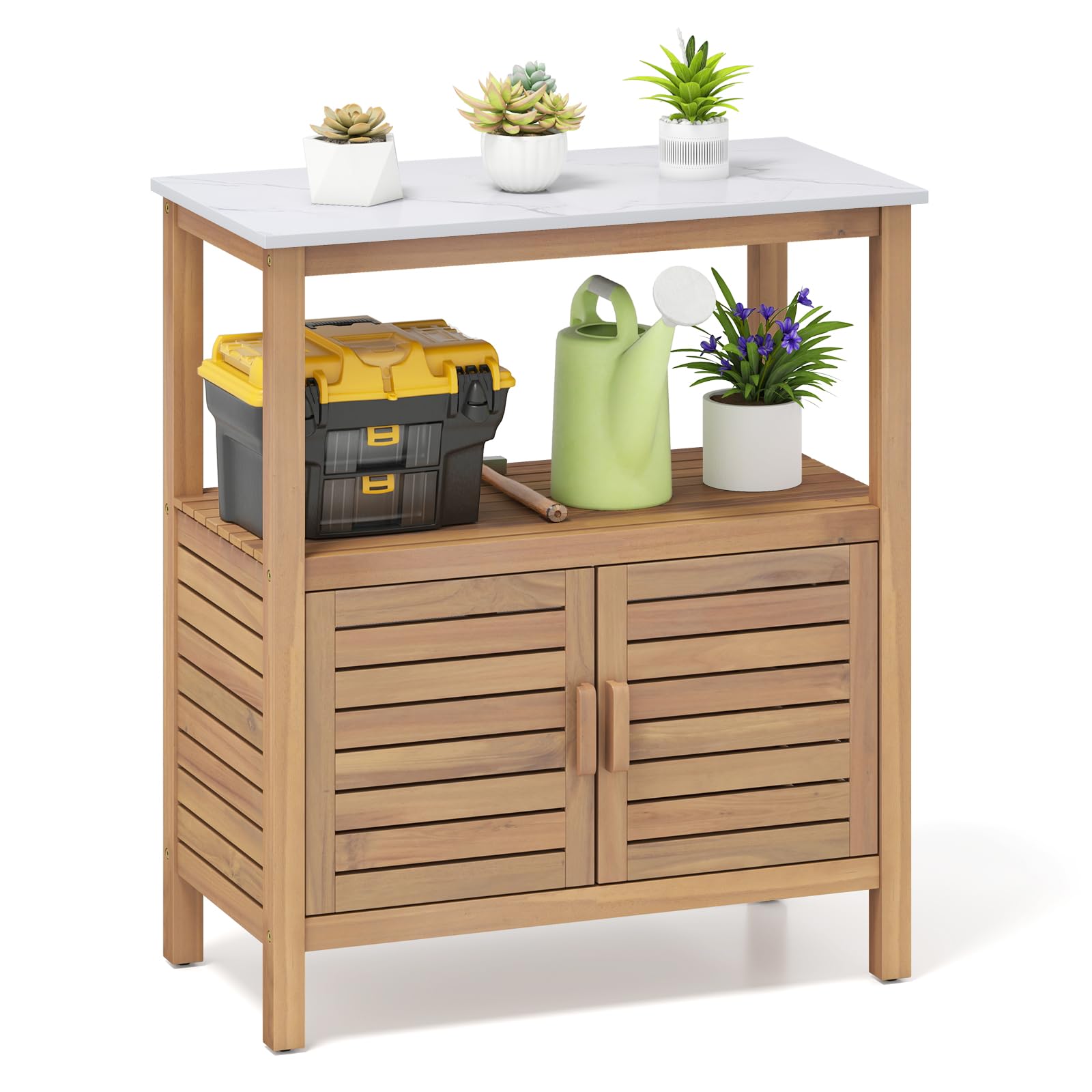 GIANTEX Gartenschrank aus Akazienholz, Outdoor Aufbewahrungsschrank mit 2 Ablagen, Beistellschrank für Balkon, Terrasse, Hinterhof, 80 x 40 x 90,5 cm