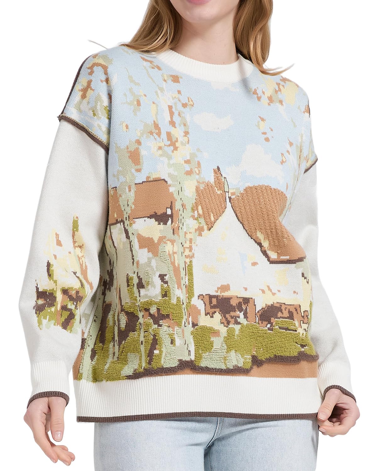 Pastoral Village Knit Sweater Vintage Impressionist Landscape Pullover Casual Crewneck Art Style Jumper