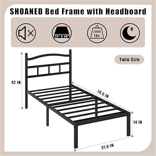 Miniatura 2 de Marco de cama de metal de 14 pulgadas, marco de cama resistente de tamaño individual con cabecero, plataforma de listones de acero básico negro, no
