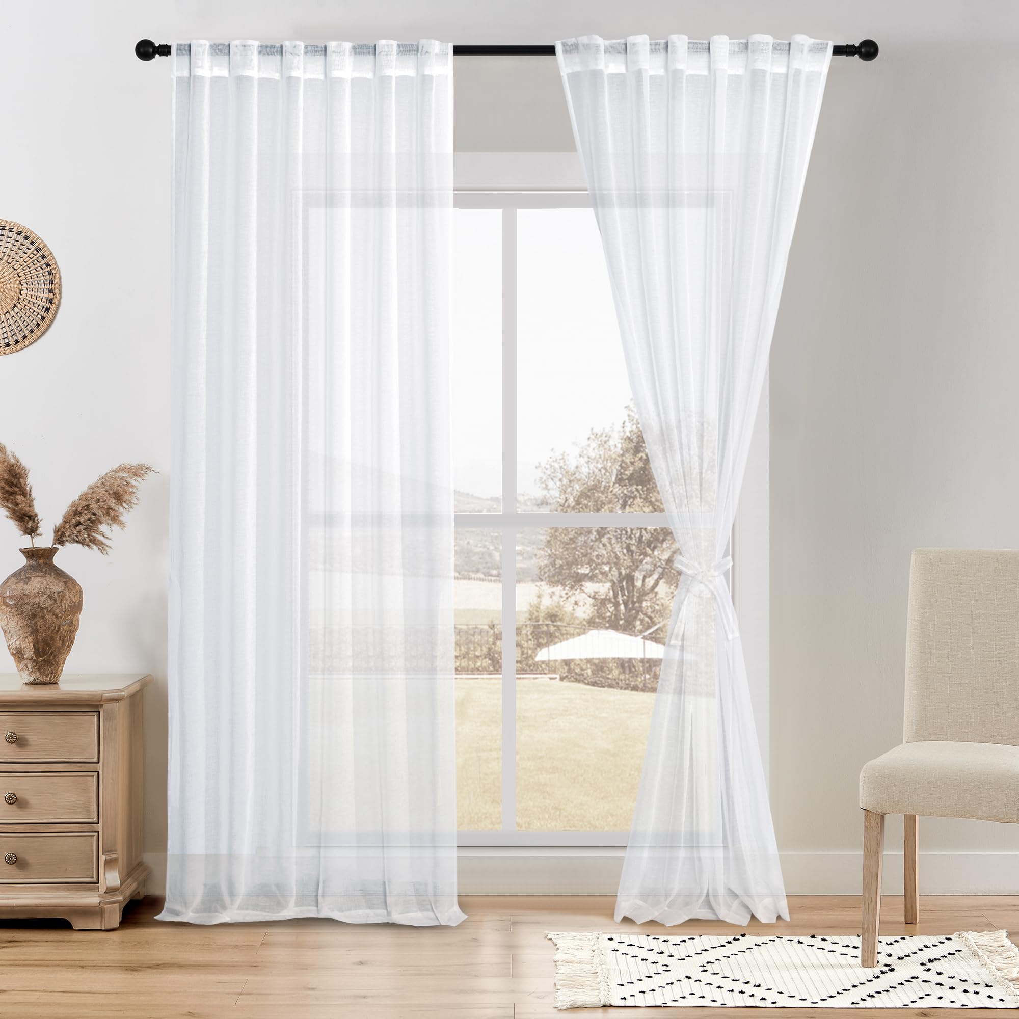 DWCN White Sheer Curtains, Faux Linen Look Semi Transparent Voile Rod Pocket & Back Tab Solid Lightweight & Airy Gauzy Curtains & Drapes for Living