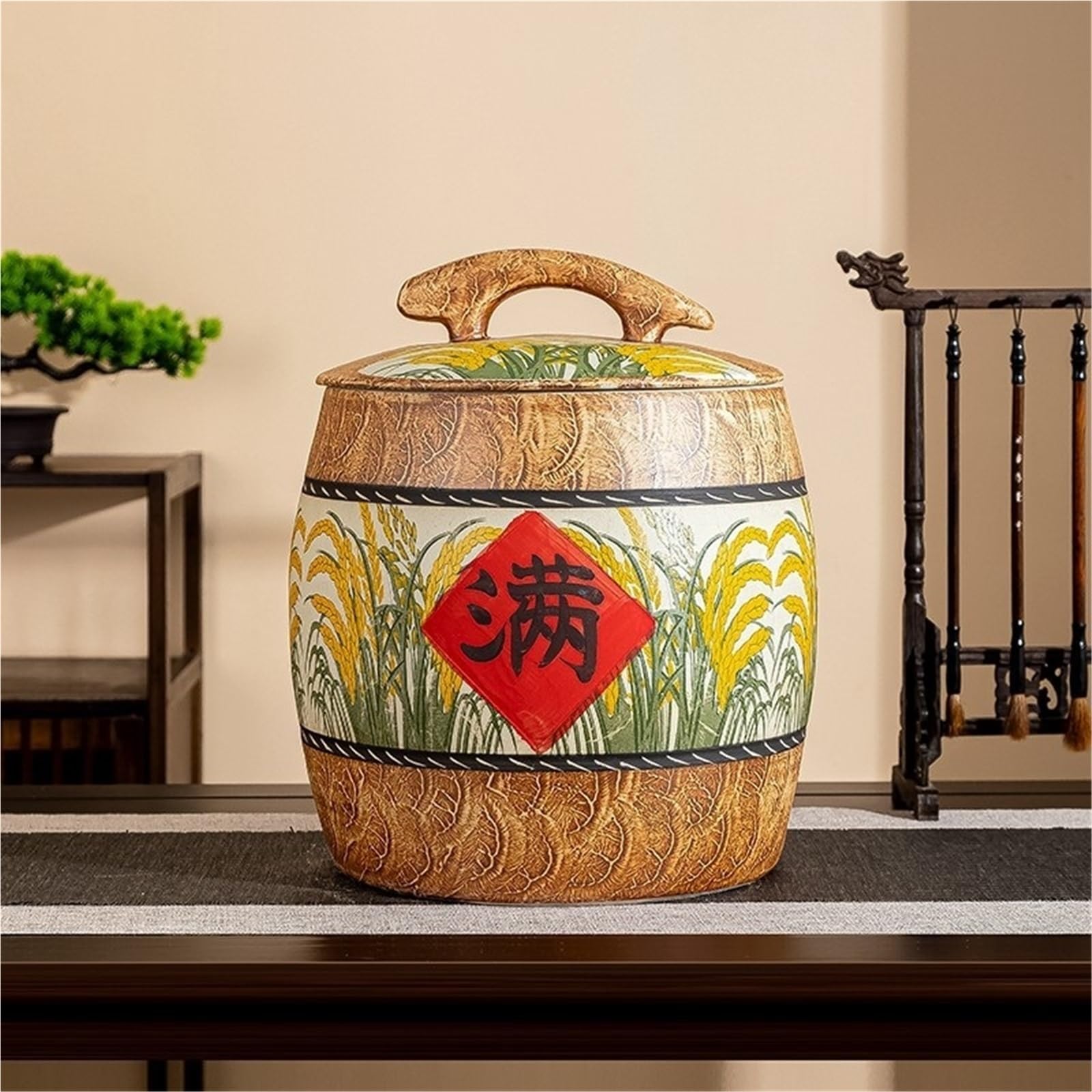 NEONMAN Large Ceramic Rice Jar with Lid, Airtight Household Grain Storage Container, A Vintage Ceramic Jar Ideal for Storing Rice, Grains, and Various Kit(A,5kg)