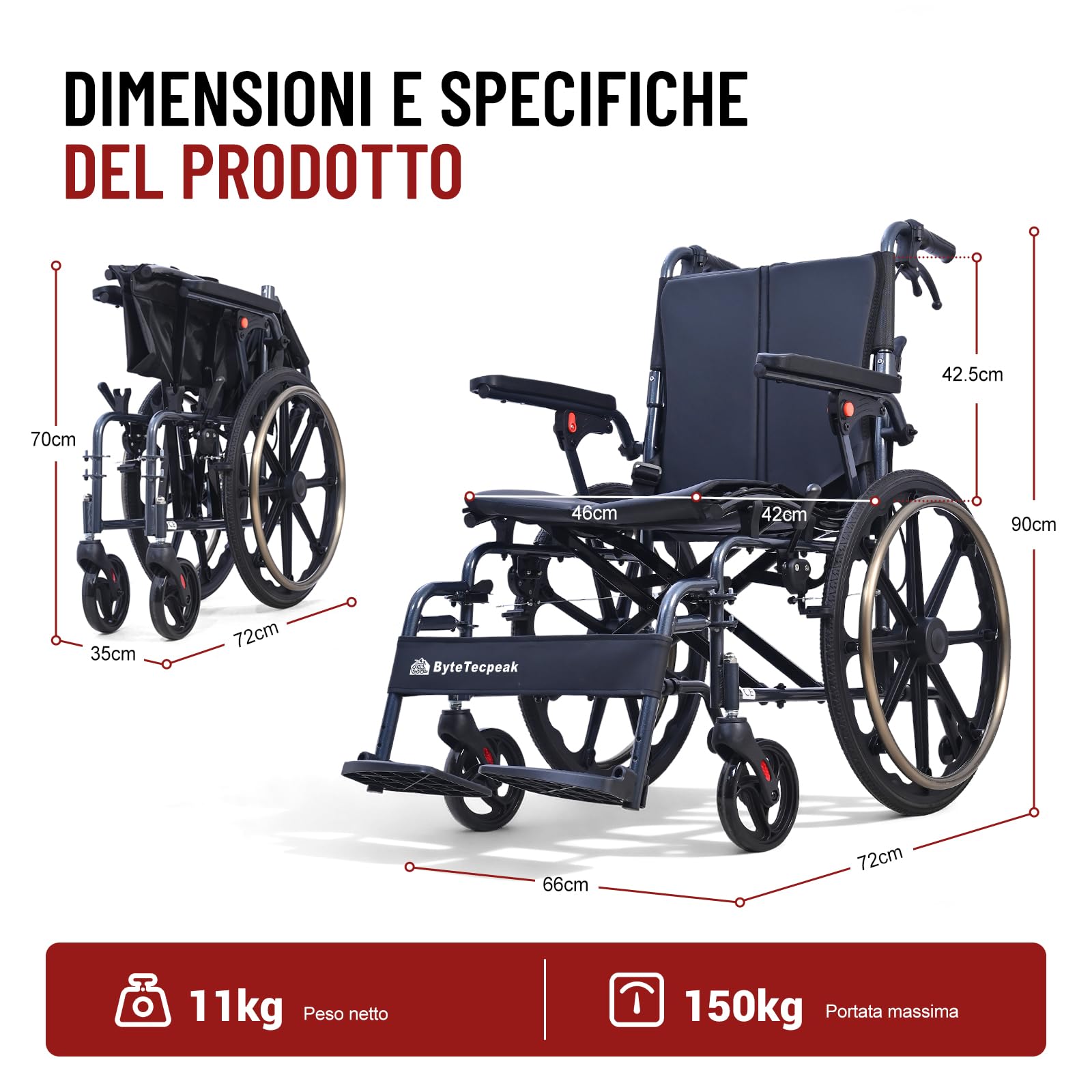 M4 Sedia a Rotelle Pieghevole Autopropulsata per Disabili Adulti Anziani