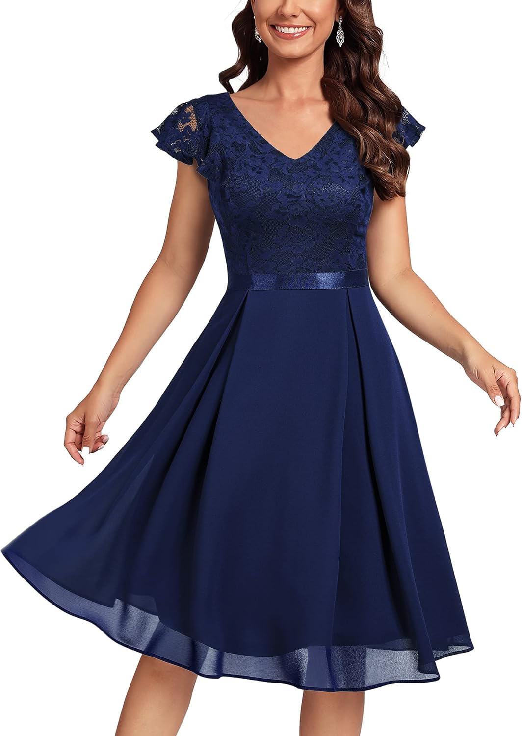 MISSMAY Women’s Retro V-Neck Lace Slim Classic Style Cocktail Party Dress Large A-navy Blue