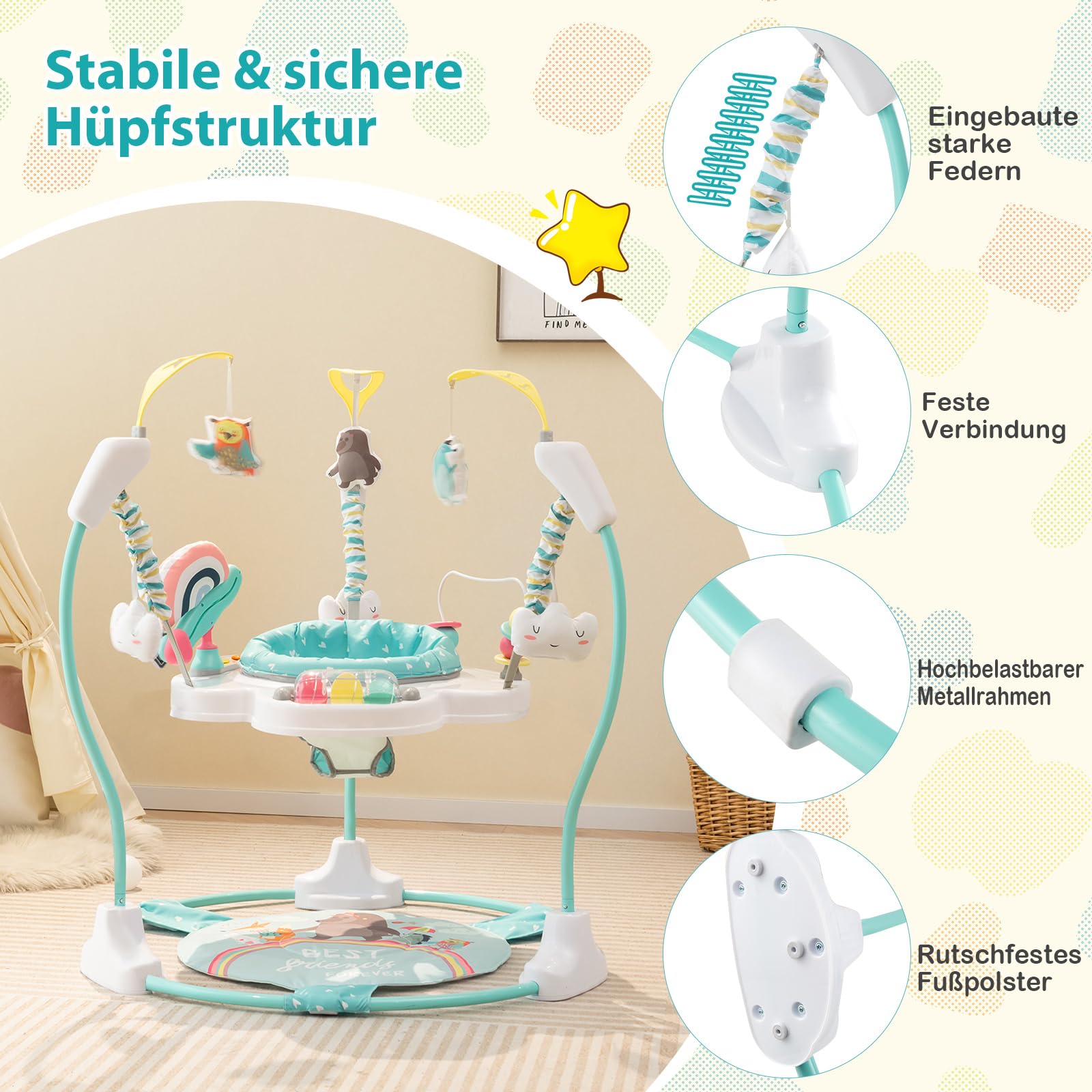 COSTWAY Baby Sky Jumperoo, Lauflernhilfe mit verstellbaren Höhen, Spielzeuge & Spieluhr, Hüpfstuhl mit 360° drehbarer Sitz, Aktivitätszentrum für Baby ab 6 Monaten, 12 kg Belastbar