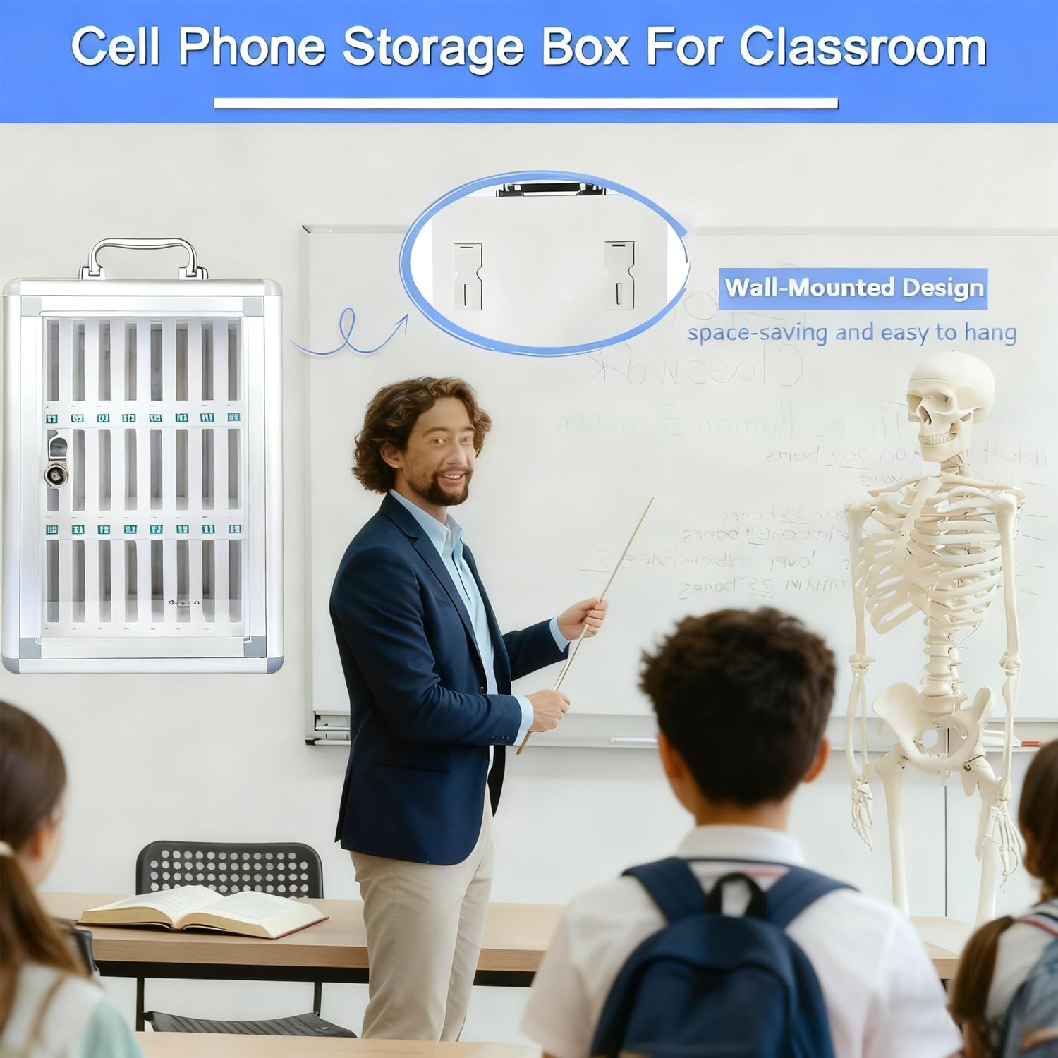 Handygarage für 24 Smartphones mit Lüftungslöchern | Handytresor zur sicheren Aufbewahrung | Handy Aufbewahrungsbox, silberfarbene Premium-Box mit verbesserter Kühlfunktion für Schule und Büro