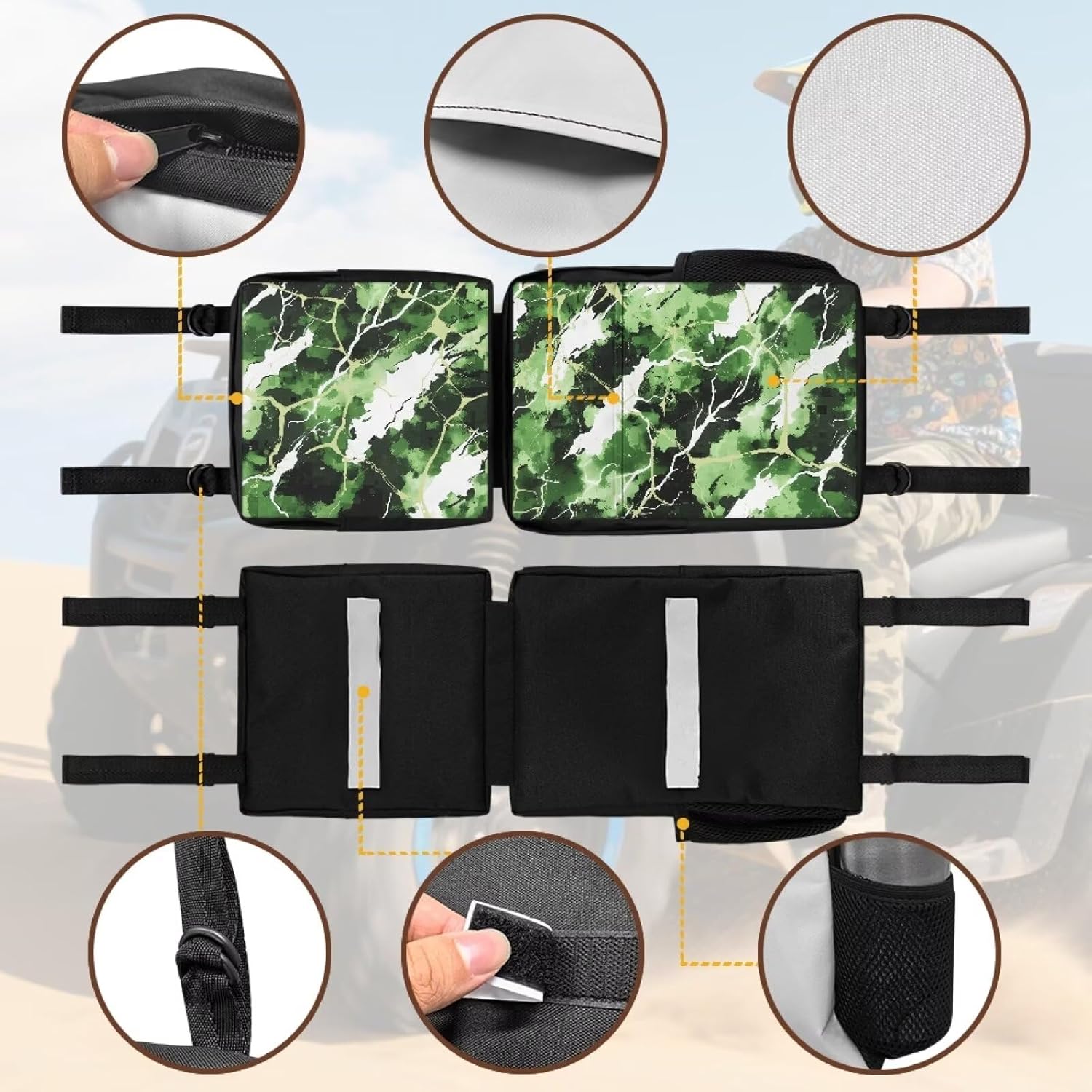 SEANATIVE ATV Fender Bag Green Camo Print Rear Storage Bags With Drink Holder Detachable ATV Gear Bag Compatible Most 4 Wheeler Accessories Hanging Cargo Bags
