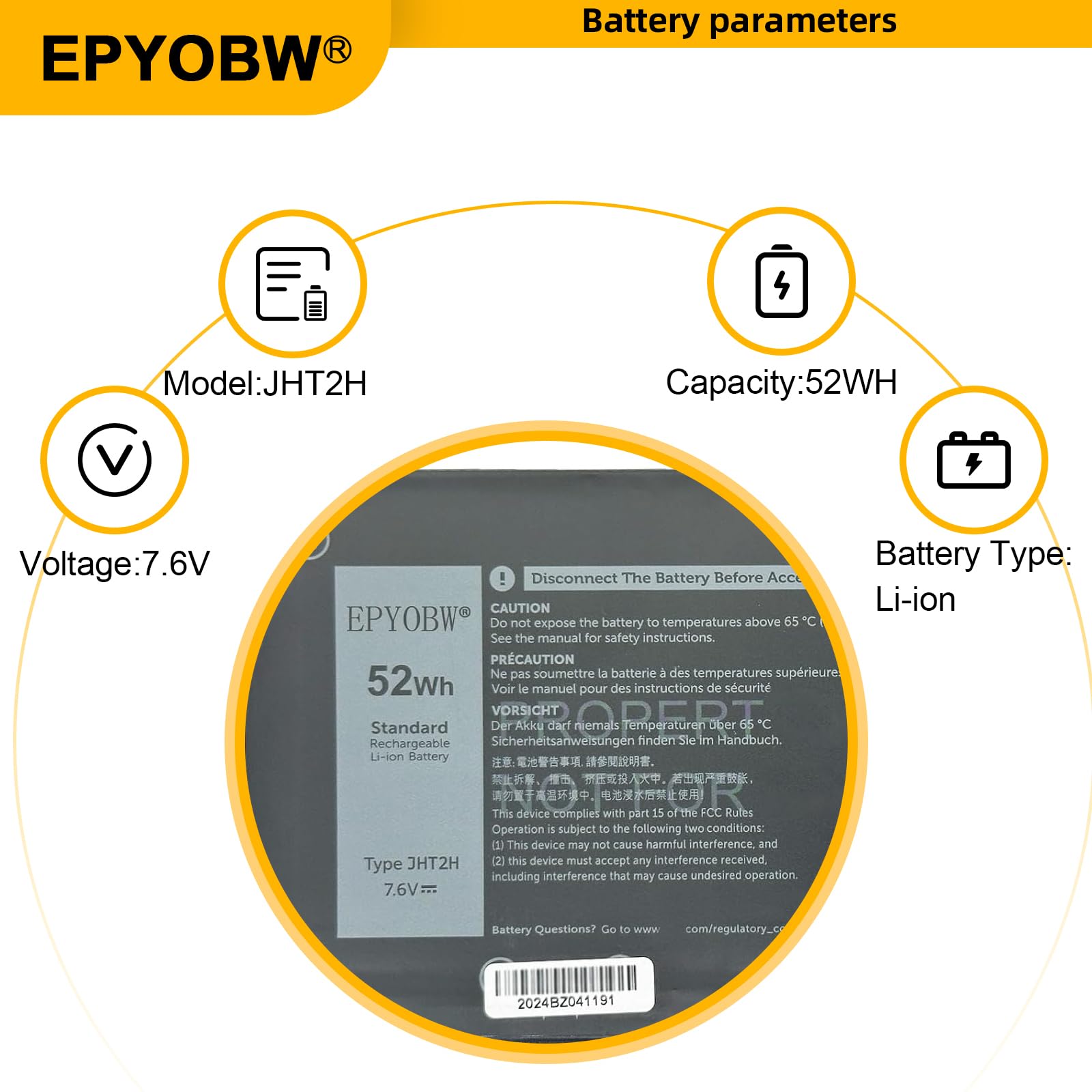 EPYOBW JHT2H Battery 52Wh 6500mAh 4-Cell 7.6V Compatible with Dell