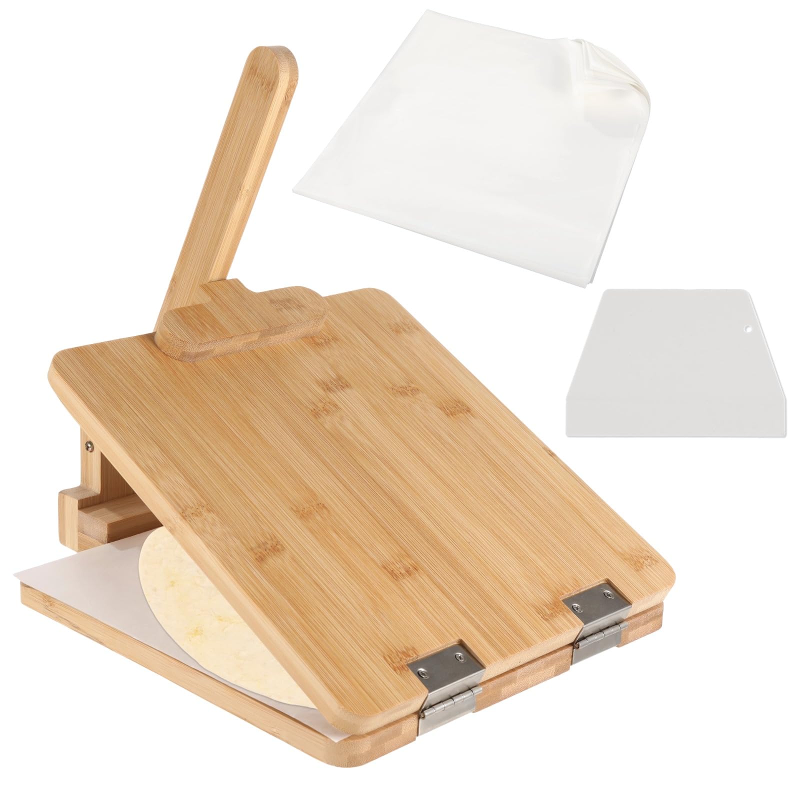Photo 1 of [MINOR DAMAGE: IN PIECES] Wooden Tortilla Press, 10 in Mexican Tortilla Presser with Scraper & Papers, Natural Healthy Maker, Quick Shaping, Engraved with 4.5/6.5/8/10 in Scales, Easy to Use