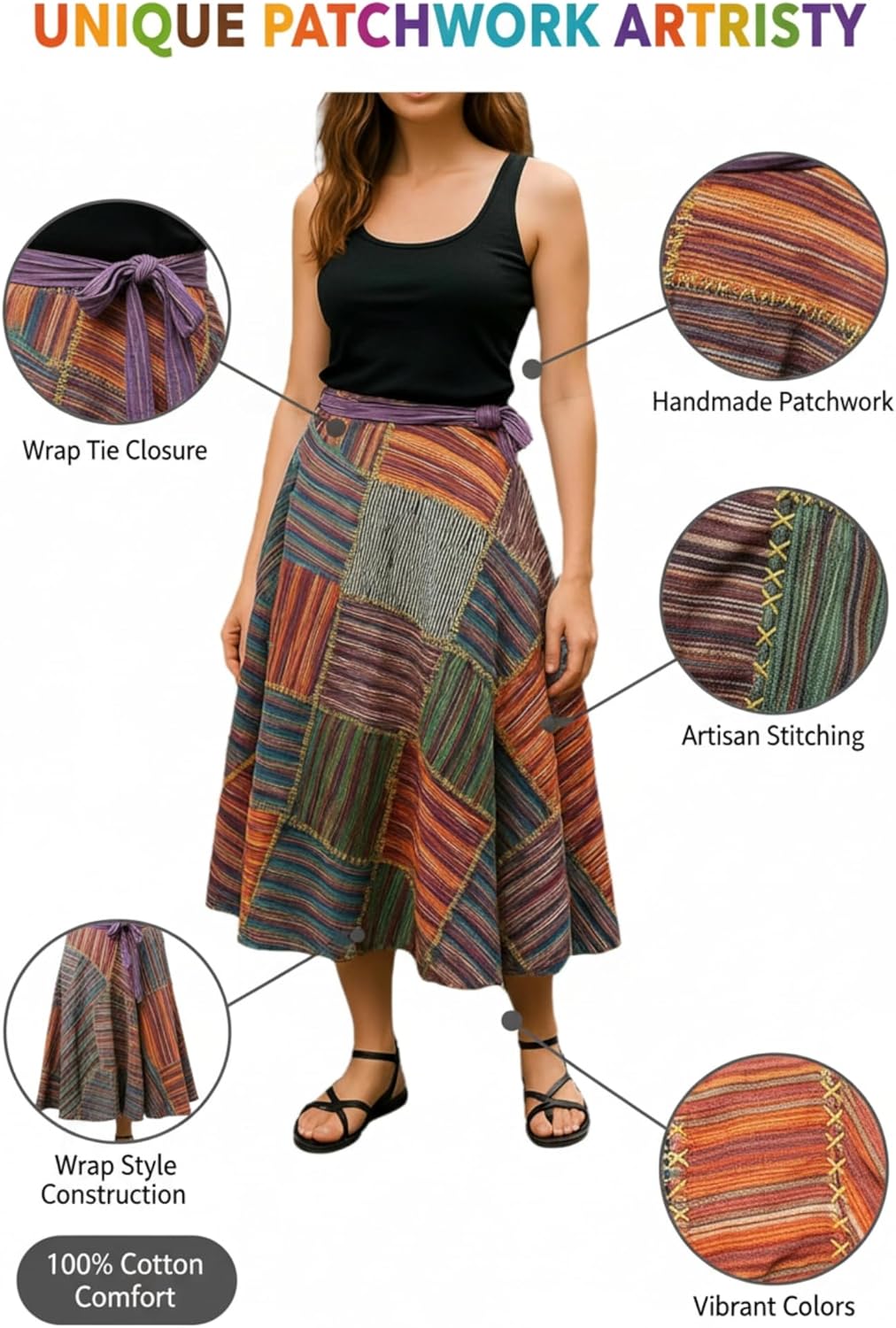 Shopoholic Fashion Wrap Round Hippie Festival Knee Length Patchwork Boho Long Skirt Multicoloured - Image 5