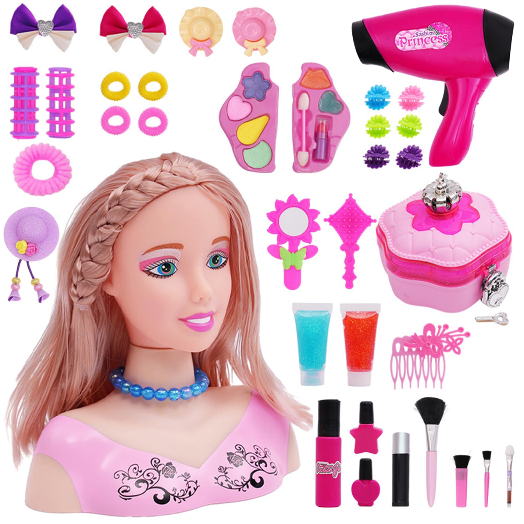 BEAHING Muñeca de Cabeza de Estilo para niños 39pcs/Set Cabeza de muñeca para el Cabello Seguro para Chicas maquillación de peluquería con Accesorios para el Cabello para niñas Regalo