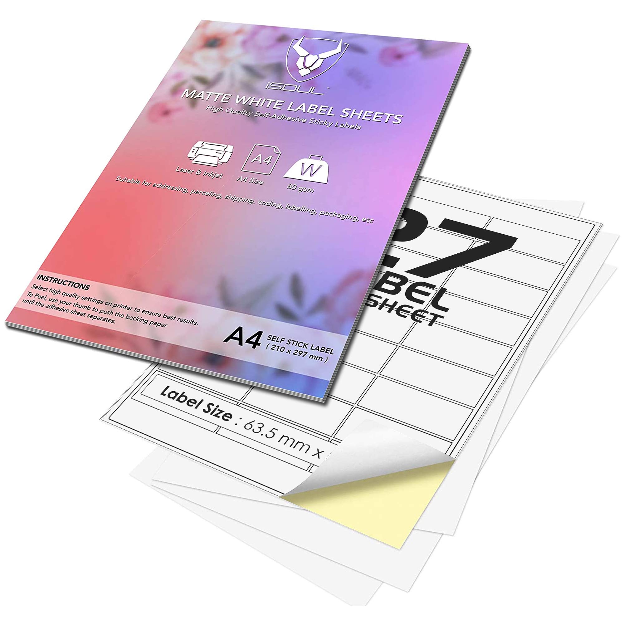 27 Per Page/Sheet, 1000 Sheets (27,000 Sticky Label) iSOUL White Blank Matt Self-Adhesive A4 Address Shipping Labels Stickers, Laser Inkjet Compatible L6011 Printer Paper, 63.5 x 29.6 mm JAM Free