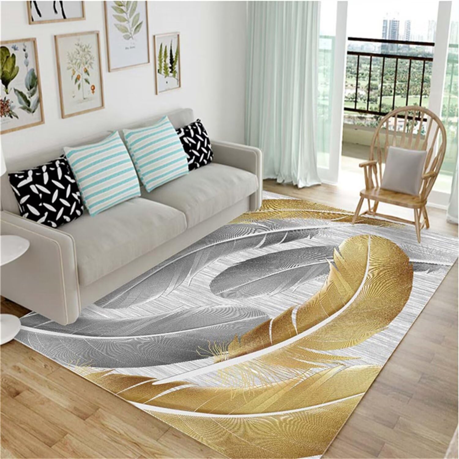 Descente de lit chambre gris 60x90cm à motif plumes modernes pour salon et couloir