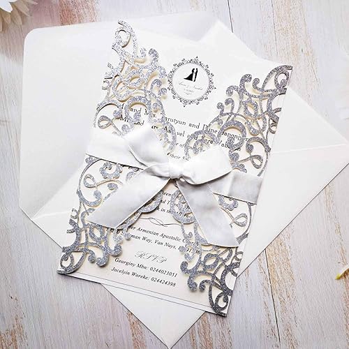 Miniatura 5 de 20 tarjetas de invitaciones de boda con cinta y sobres, de 5 x 7.28 pulgadas, cortadas con láser, de encaje, con purpurina, para boda, despedida de